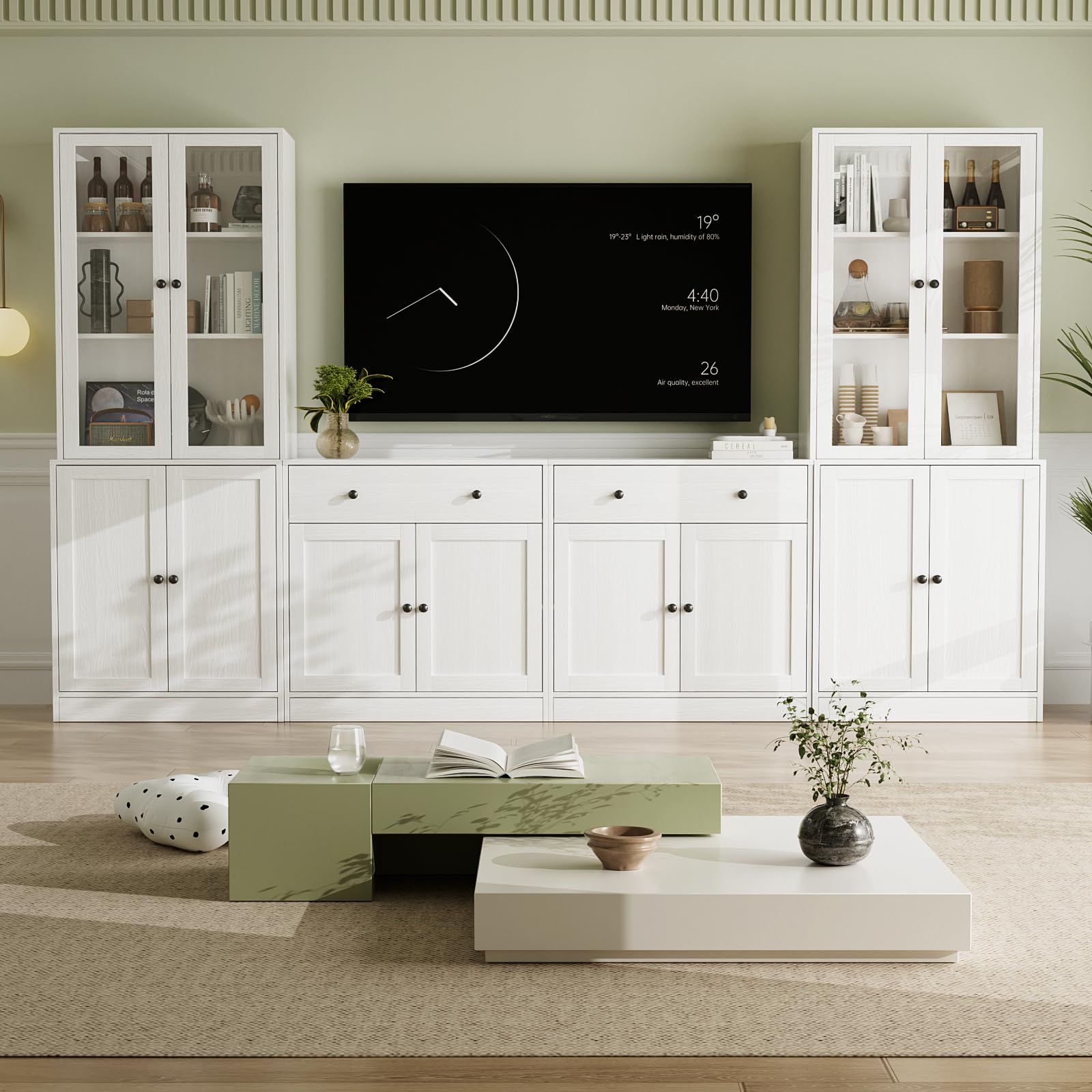 VOWNER Grande Mobile TV con Scaffali per TV fino a 75 Pollici, Mobile TV Soggiorno 180 cm，Centro di Intrattenimento, Mobile Porta TV Combinabile con Libreria per Soggiorno, 2B+2C (Bianco)