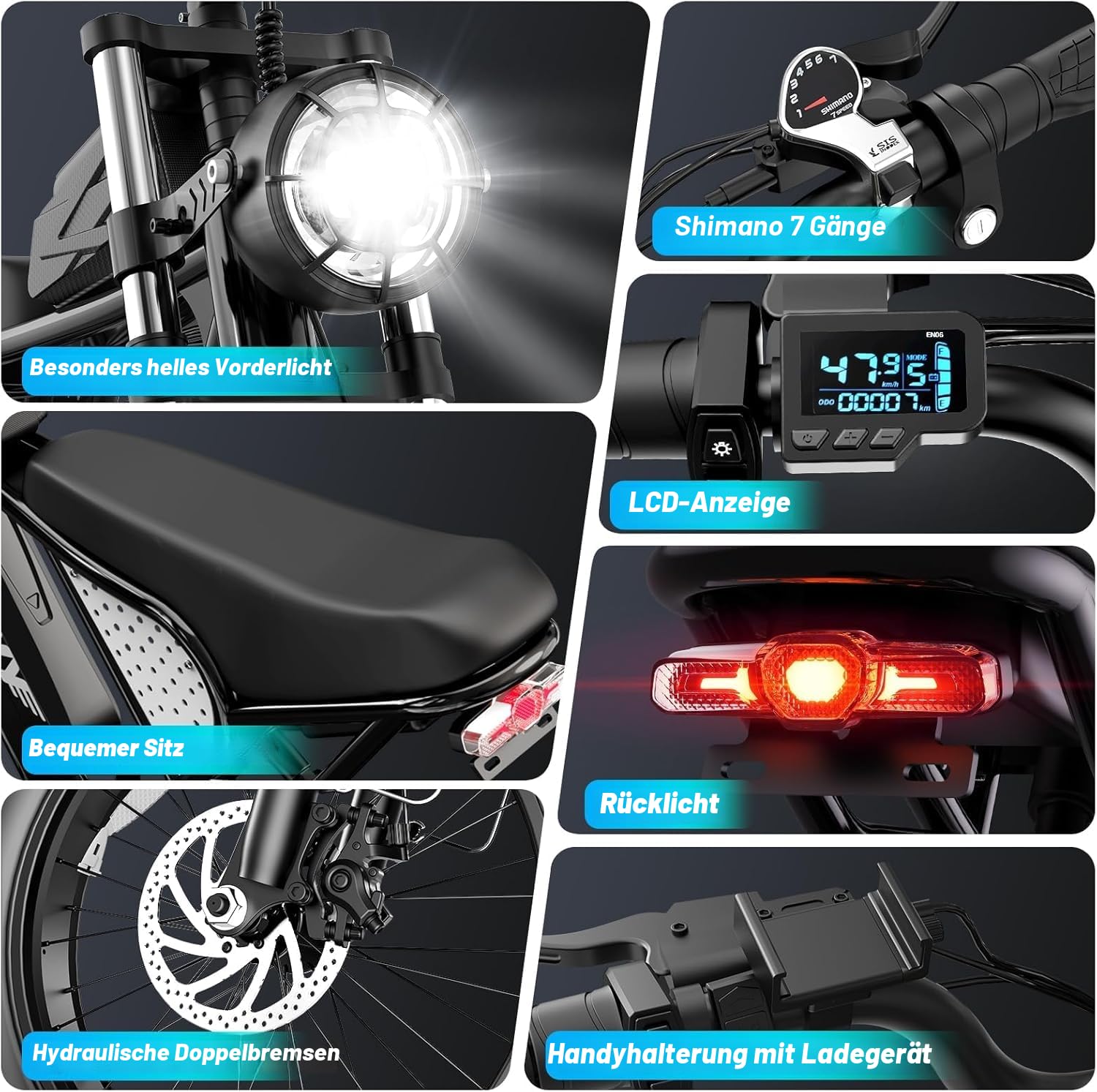 C20 Elektrofahrrad mit austauschbaren Akkus (52 V, 40 Ah / 48 V, 20 Ah / 48 V, 15,6 Ah), 20-Zoll-Reifen, 7-Gang-Hydraulikbremse – All-Terrain-Offroad-Elektrofahrrad