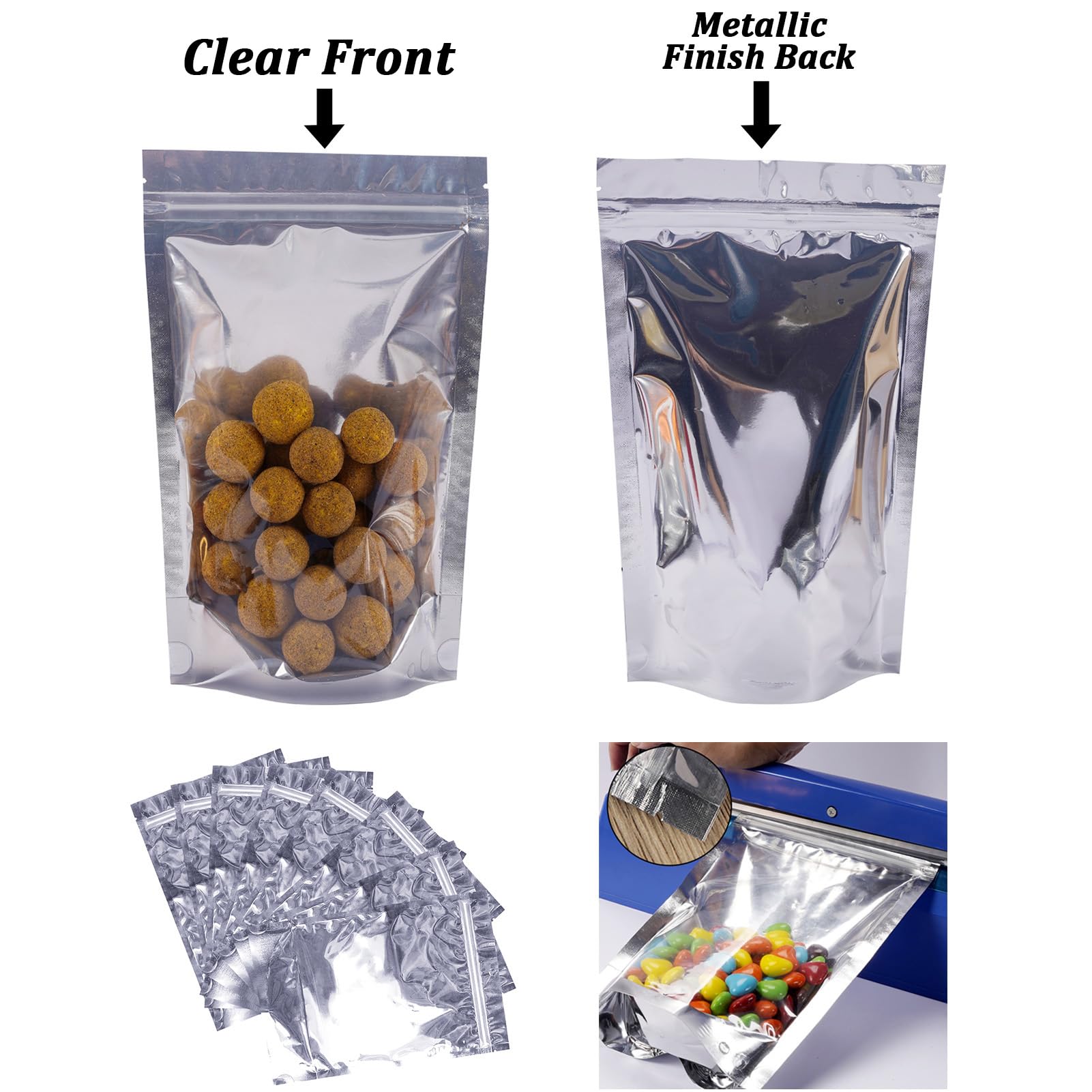 Confezione da 100 sacchetti in Mylar per la conservazione degli alimenti, richiudibili, in alluminio, trasparenti, con finestra frontale, 20 x 30 cm, riutilizzabili, con chiusura a cerniera, sacchetti