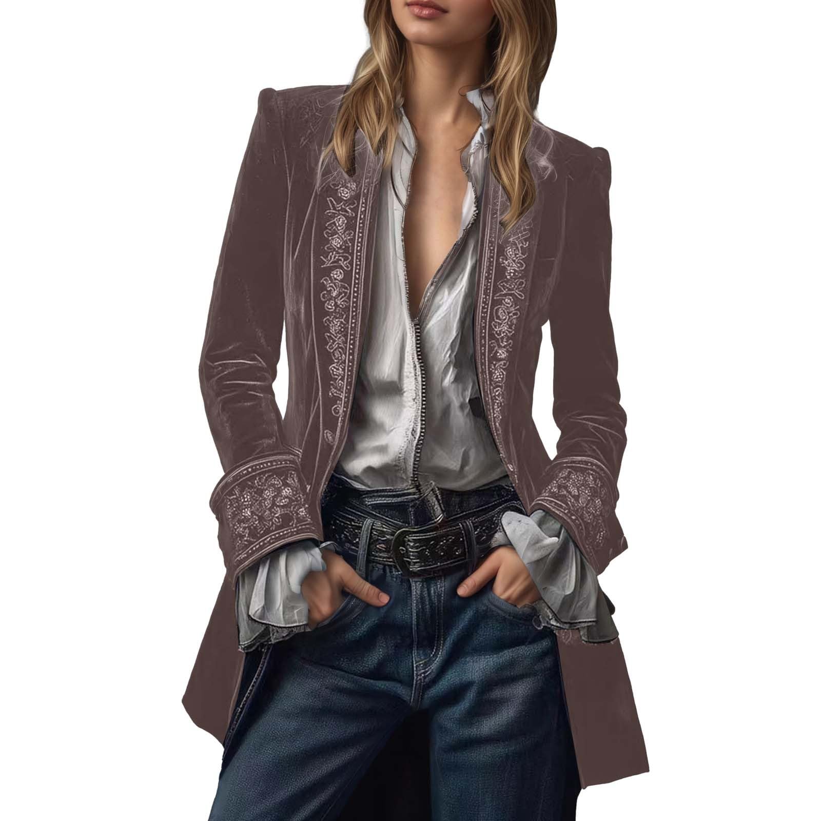 Generic Velvet Jacket Women Vintage Long Embroidered Blazer Women Open Front Coat Gothic Steampunk Outerwear Solid Elegant Baggy Velvet Jacket Formal Carnival Festival Jacket, pink, 3XL