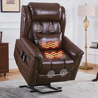 Rhevoy Fernsehsessel Elektrisch Relaxsessel mit Aufstehhilfe, Relaxsessel Massagesessel mit Liegefunktion, Massage Heizung, 2 Seitentaschen, USB-Anschlüsse, Fußteil, TV Sessel,braun