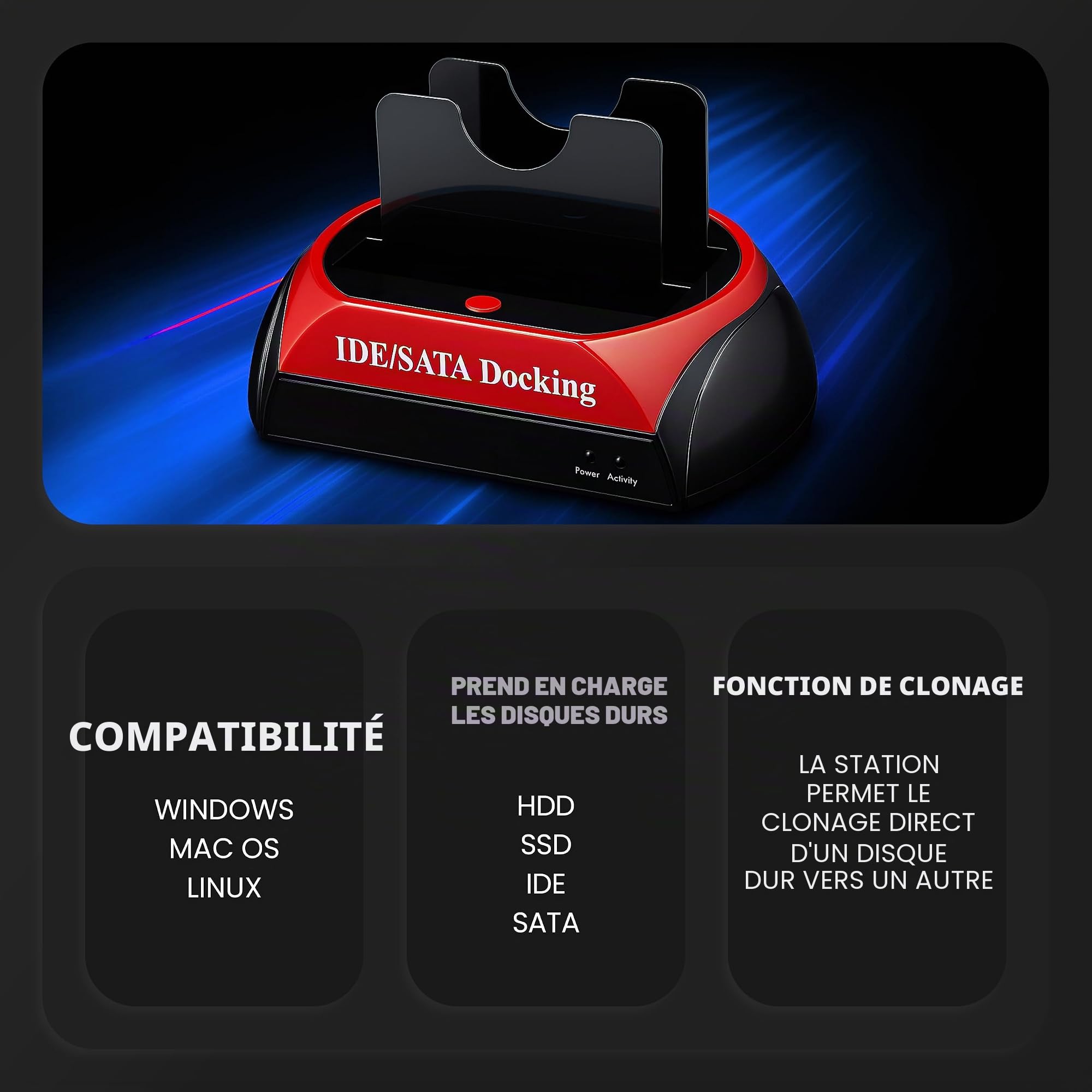 Retoo SATA SSD/HDD Dock pour Disque Dur, 2.5” – 3.5”, SATA I/II/III IDE USB 3.0 Jusqu'à 480 Mb/s, Fonction OTB, Plug&Play, Indicateurs LED, Transfert De Données SATA 1,5GB/s - 3GB/s Stations D'accueil