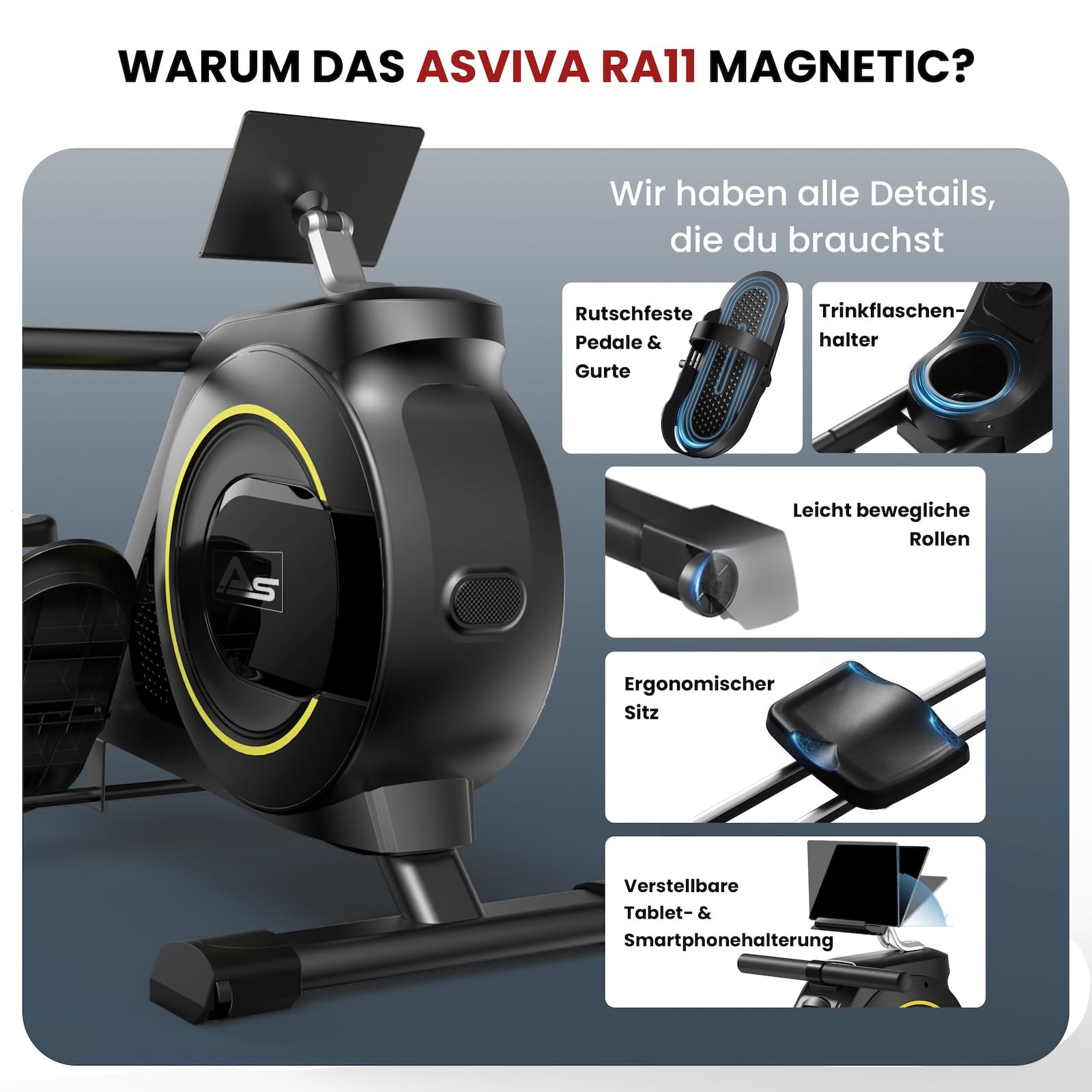 AsVIVA RA11 wioślarz domowy, 16 poziomów oporu, aplikacja Bluetooth, nachylenie szyny, do 135 kg
