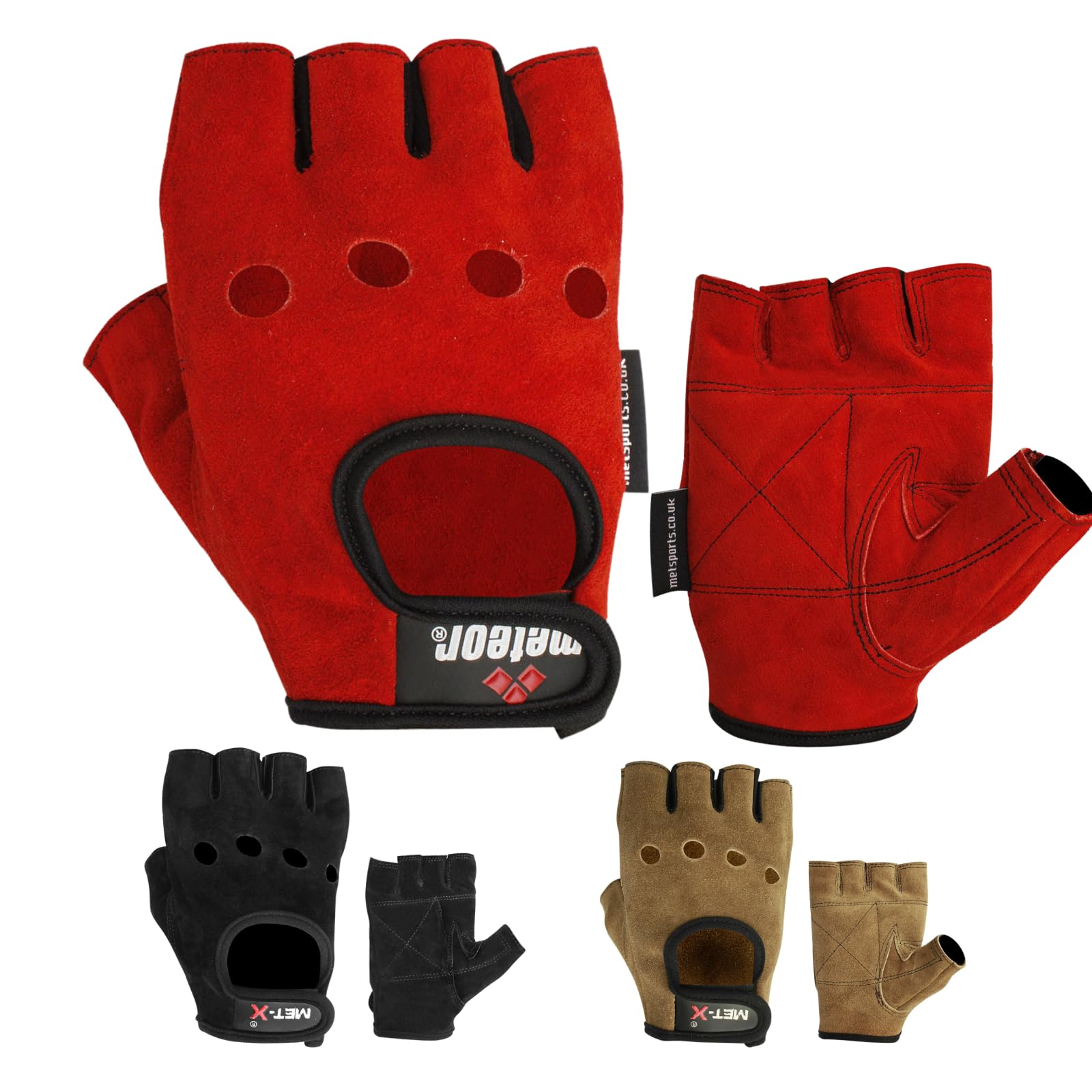 Met-X Leather Quality Fingerless Gloves Real Leather Soft Weight Training Cycling Bike Wheelchair Body Building Weight Lifting Gym Suede Leather (Red Suede, XX-Large)