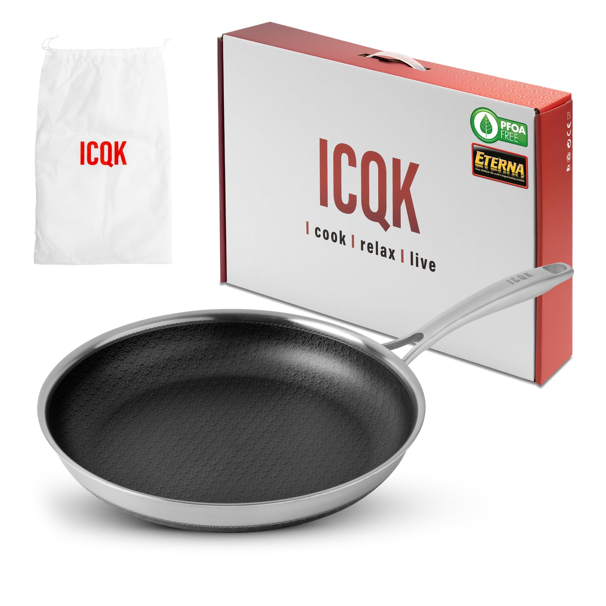 Padella Antiaderente Triplo Strato (Acciaio Inox + Alluminio) Diametro Ø 20 cm, Antigraffio, NO PFOA, Per Piano Cottura Induzione, Ceramica, Elettrico, Gas, Forno, Manico Anti Scottatura, Fry Pan