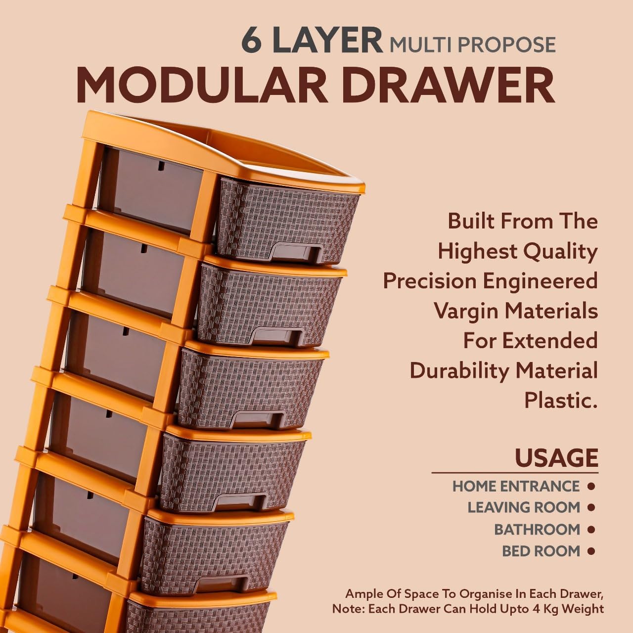 HORPIN 6 Xl Plastic Modular Drawer System For Home, Office, Hospital, Parlor, School, Doctors, Home And Kids, Product Dimension When Assembeled (30Cmx39Cmx90Cm) (Brown, 6XL) 2
