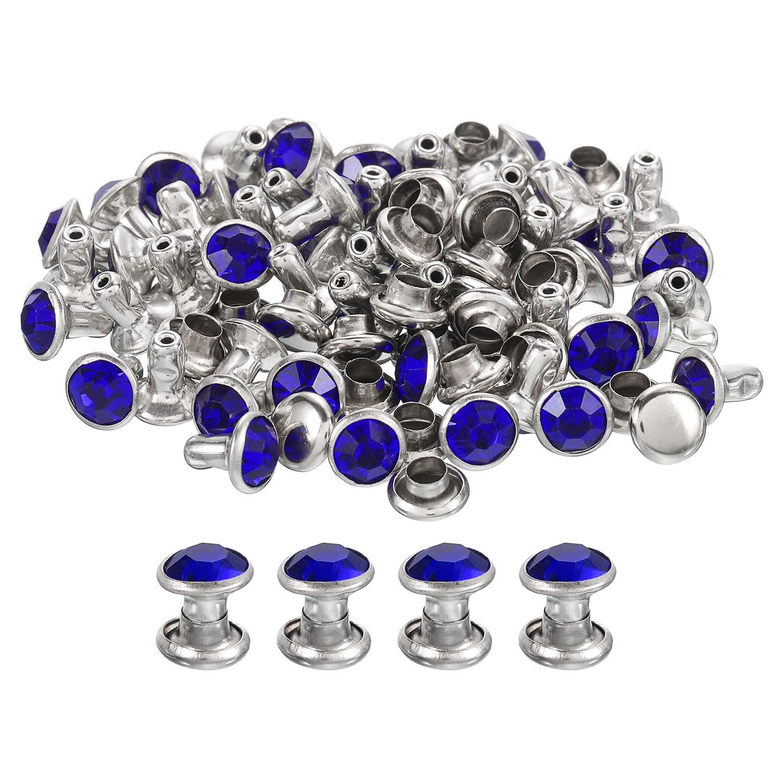 sourcing map 80 Pcs Dark Blue Rhinestone Rivets, 6mm/0.24" Leathercraft Rivets Crystal Rivets, Metal Double Cap Rhinestone Stud for DIY Leather, Craft Making Purse, Silver Frame