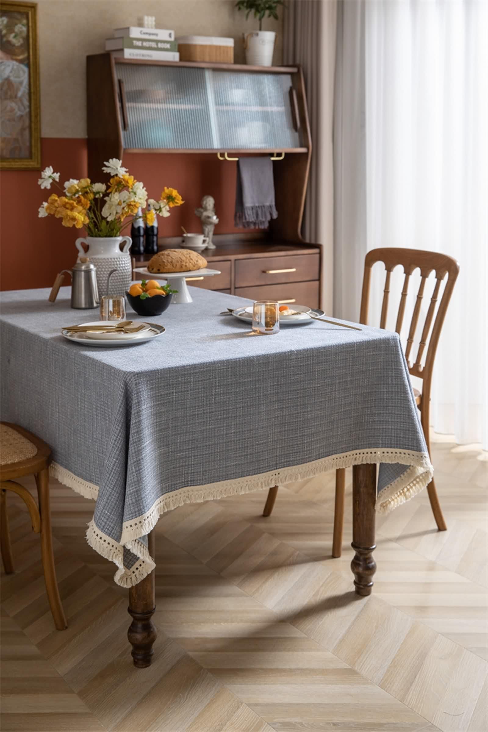 Tovaglia Rettangolare Grigia, Tovaglia Soggiorno Elegante Poliestere Tinta Unita con Nappa Copritavolo 100X140CM per Compleanno Festa Matrimonio