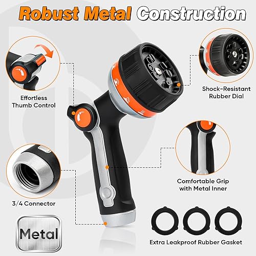 Miniatura 3 de BIBURY Boquilla de manguera de jardín, boquilla de pulverización de metal resistente con 10 patrones de pulverización, rociador de mano de alta