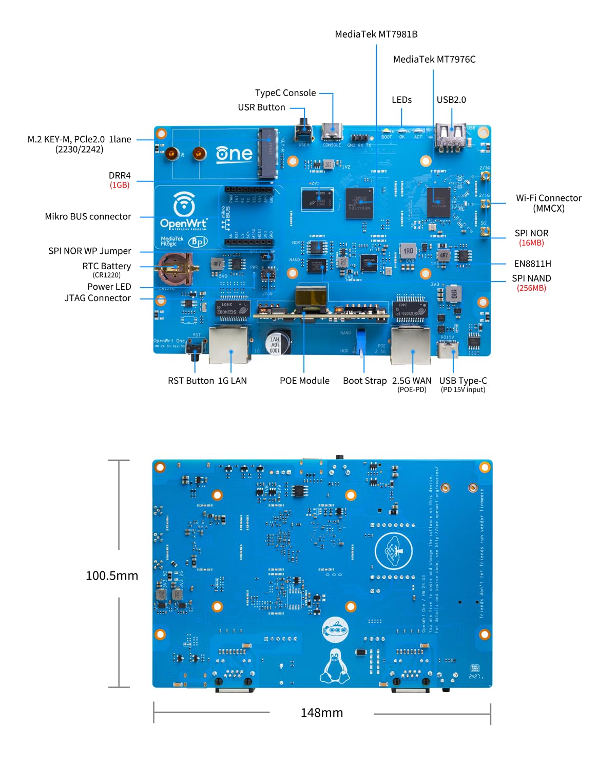 WayPonDEV Banana Pi OpenWrt One Router Board, bezprzewodowy router dwupasmowy, 802.11ax ac WiFi 6 Gigabit Ethernet router, zintegrowany 1 x 2,5 GbE WAN RJ45, obsługa AP, WPA,WPA2, WPA3