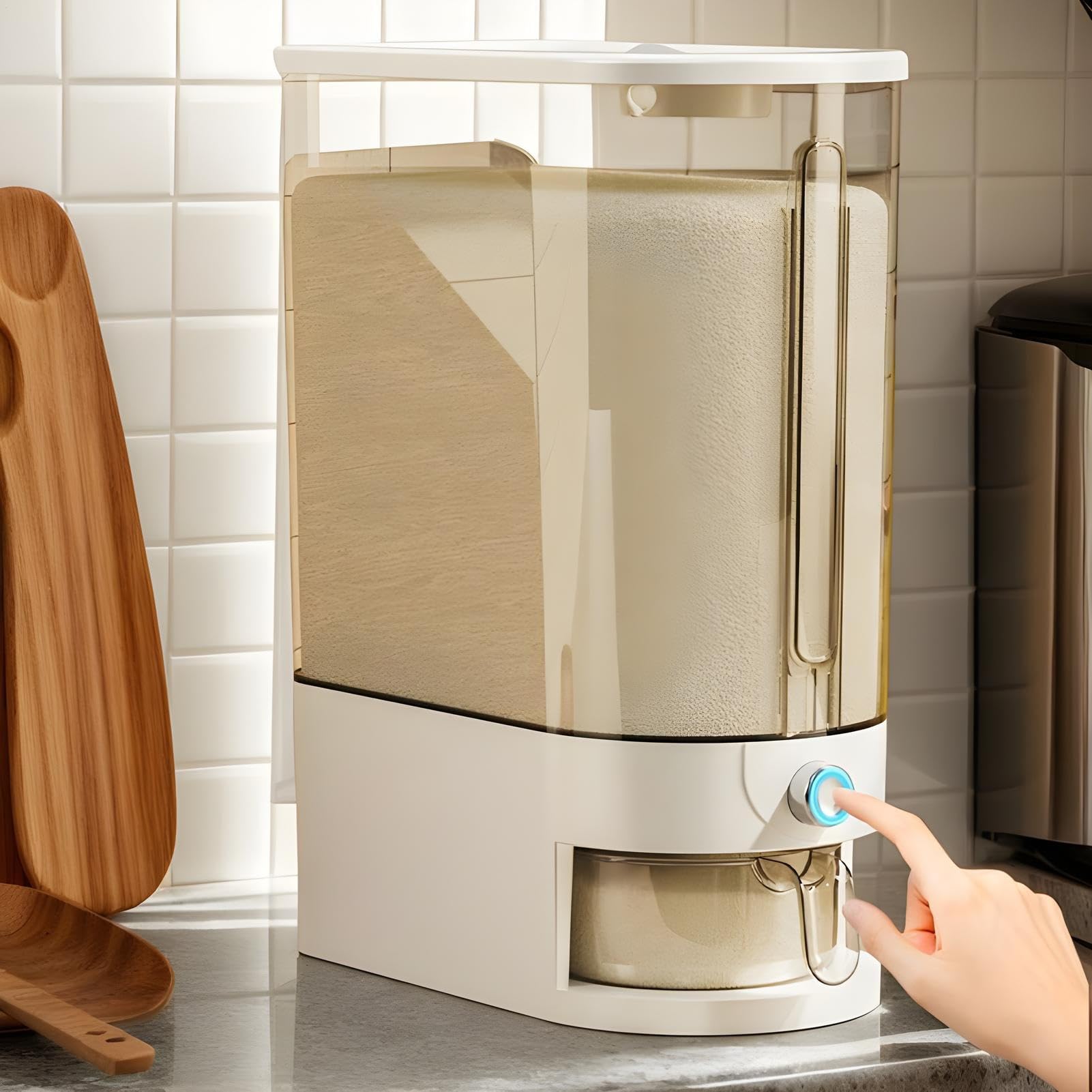 Distributeur de riz, conteneur de stockage de riz de 10 kg avec distributeur à presse, boîte de rangement hermétique pour aliments secs, boîte transparente, pour riz, farine, grains de café