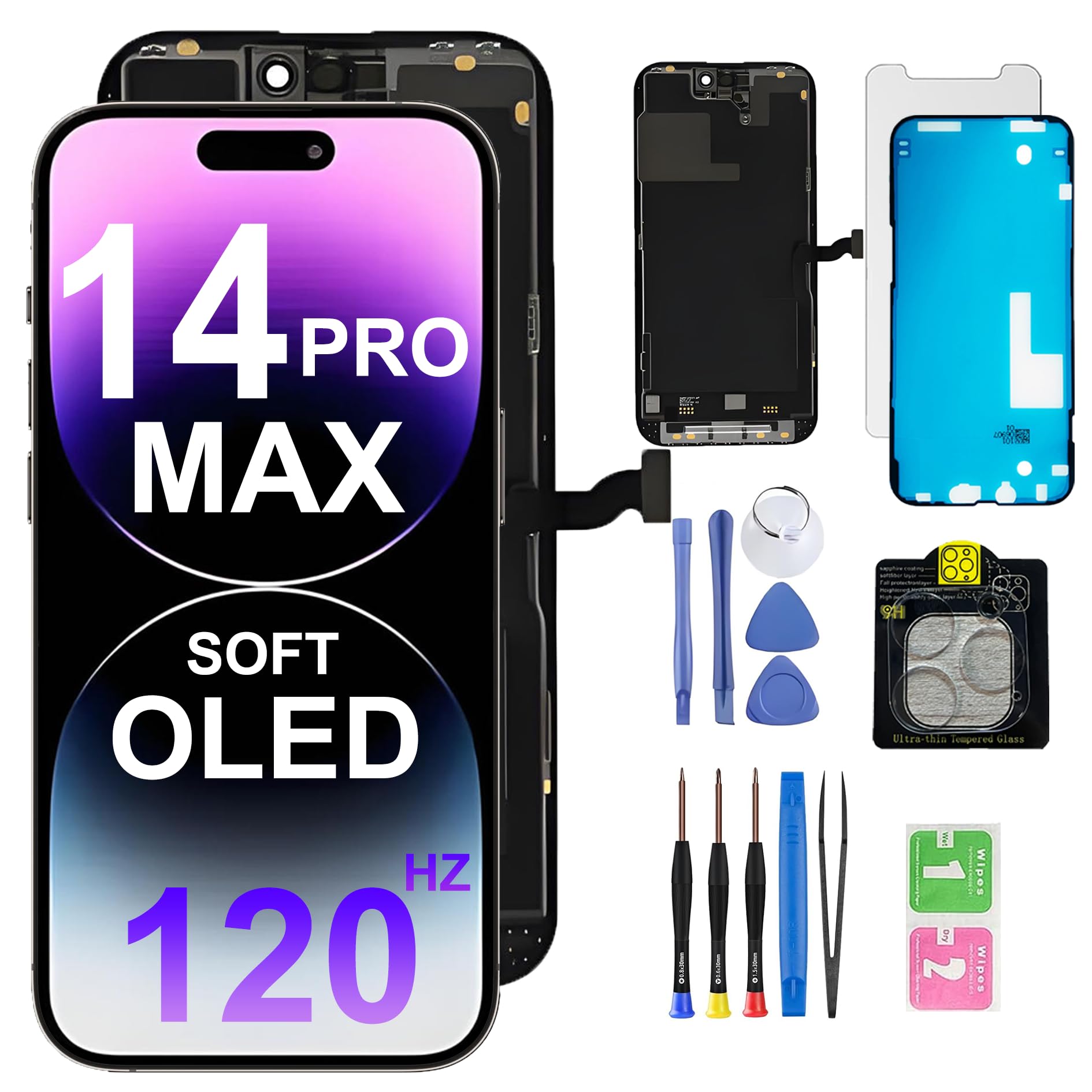 Zamiennik ekranu do iPhone'a 14 Pro Max. Wyświetlacz 16,7 cala [miękki OLED]. Zespół digitizera 120 Hz dla (A2651 A2893 A2896 A2895 2894) z narzędziami do napraw, wodoodporna membrana, ekran