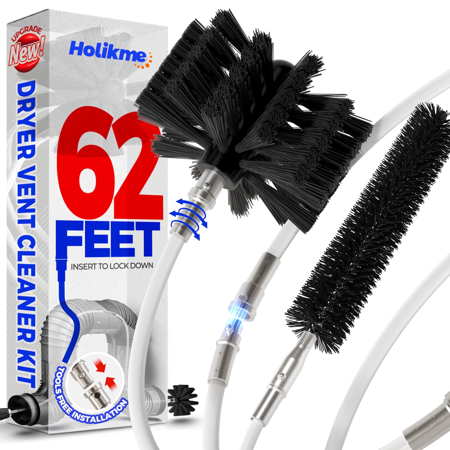 Holikme 62 Feet Dryer Vent Cleaner Kit, Upgrade Flexible Lint Brush with Drill Attachment, Extends Up to 62 Feet for Easy Cleaning,Use with or Without a Power Drill
