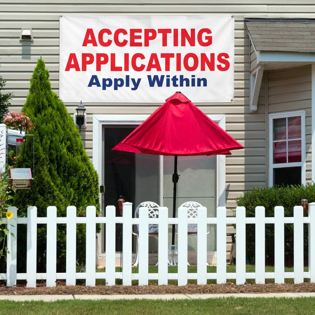 Vinyl Banner Multiple Sizes Accepting Applications Apply Within Red Blue Business Outdoor Weatherproof Industrial Yard Signs 4 Grommets 16x40Inches