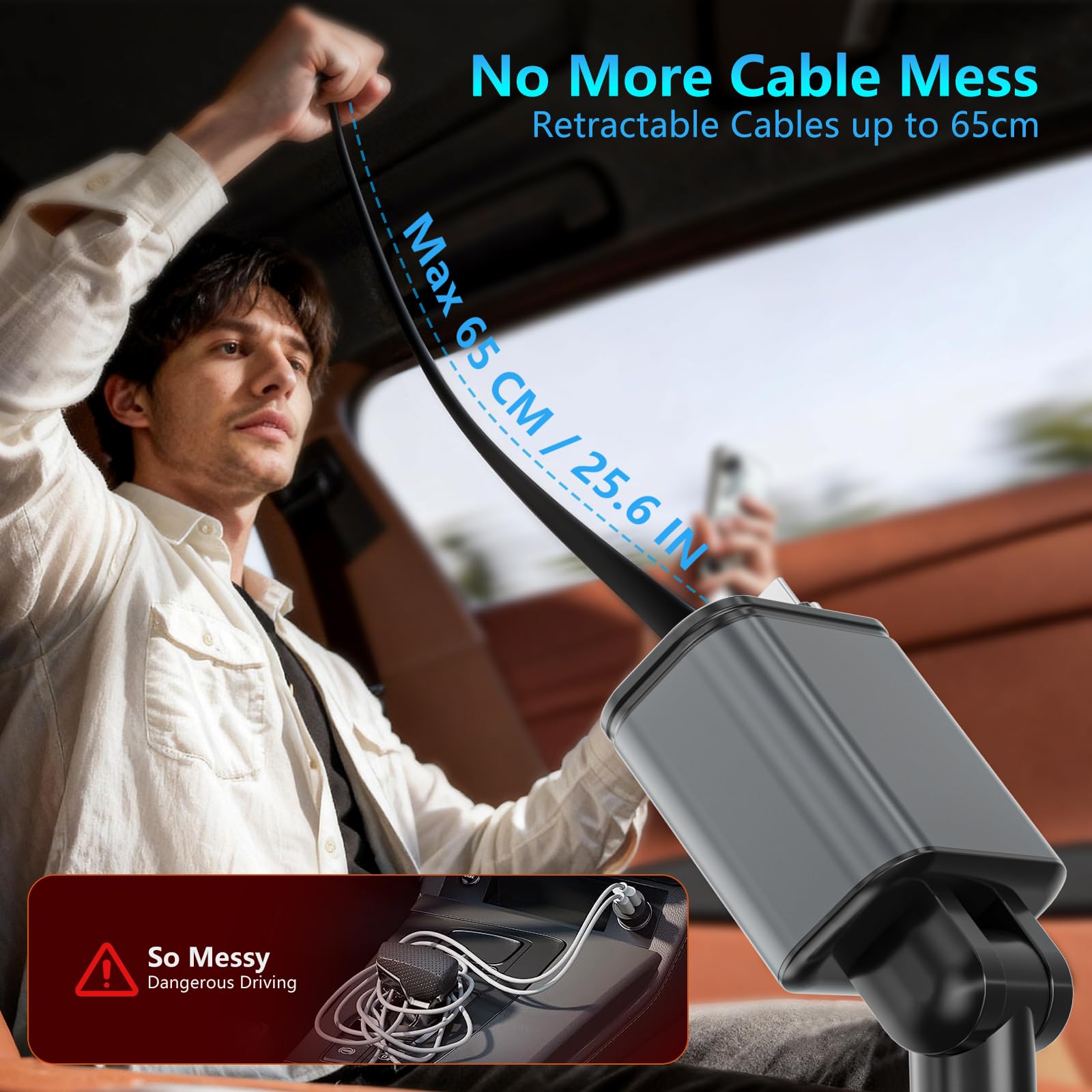 Accendisigari USB, caricabatteria da auto con proiettore cielo stellato, 120 W, caricatore da auto USB C, 30 W, cavo USB retrattile integrato di tipo C e cavo USB (65 cm), adattatore USB da 12 V per