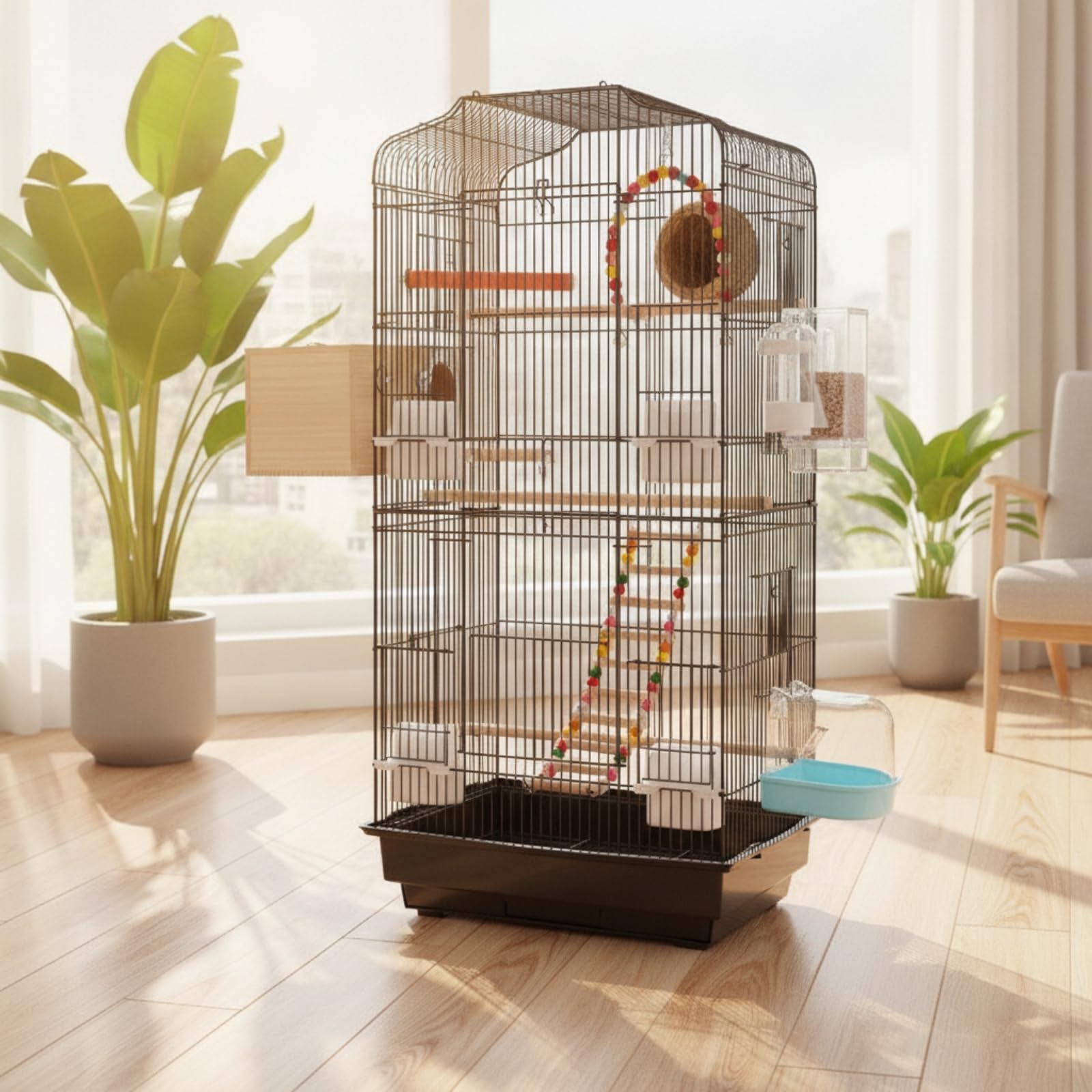 Metallkäfig mit Kotschublade engmaschig Zimmvolie mit Bodenschale ausziehbar Vogelkäfig Kotschublade für Vogelbesitz, Wohnzimm, Array, Schwarz, Standardversion