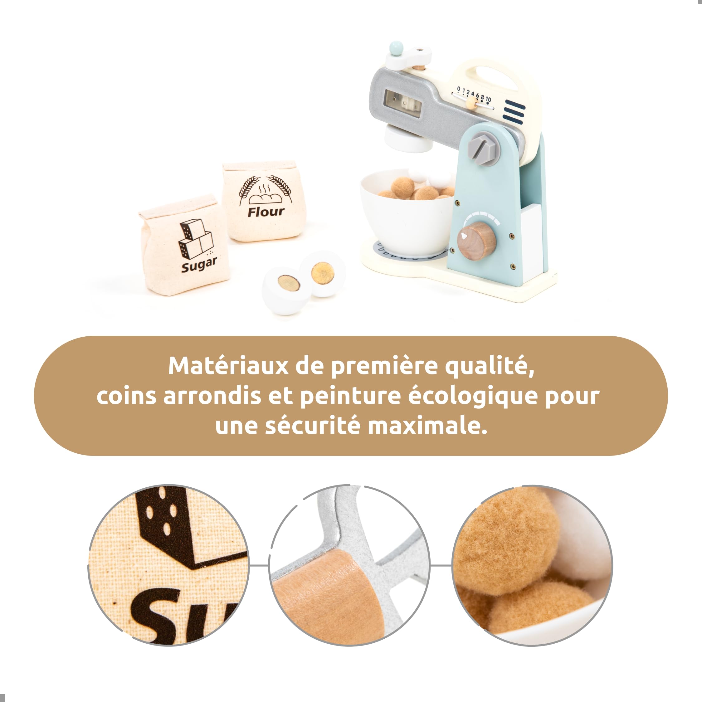 UMU® Mixer Kit de jeu en bois avec bol mélangeur, fouet, ingrédients et plus encore, ensemble de mixeur de cuisine pour enfants, 10 pièces, accessoires de cuisine pour petits chefs à partir de 3, 4, 5