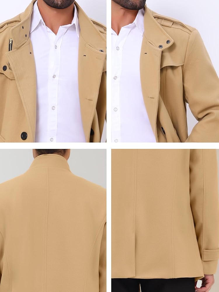 Lars Amadeus Men's Khaki Pea Coats Stand Collar Double Breasted