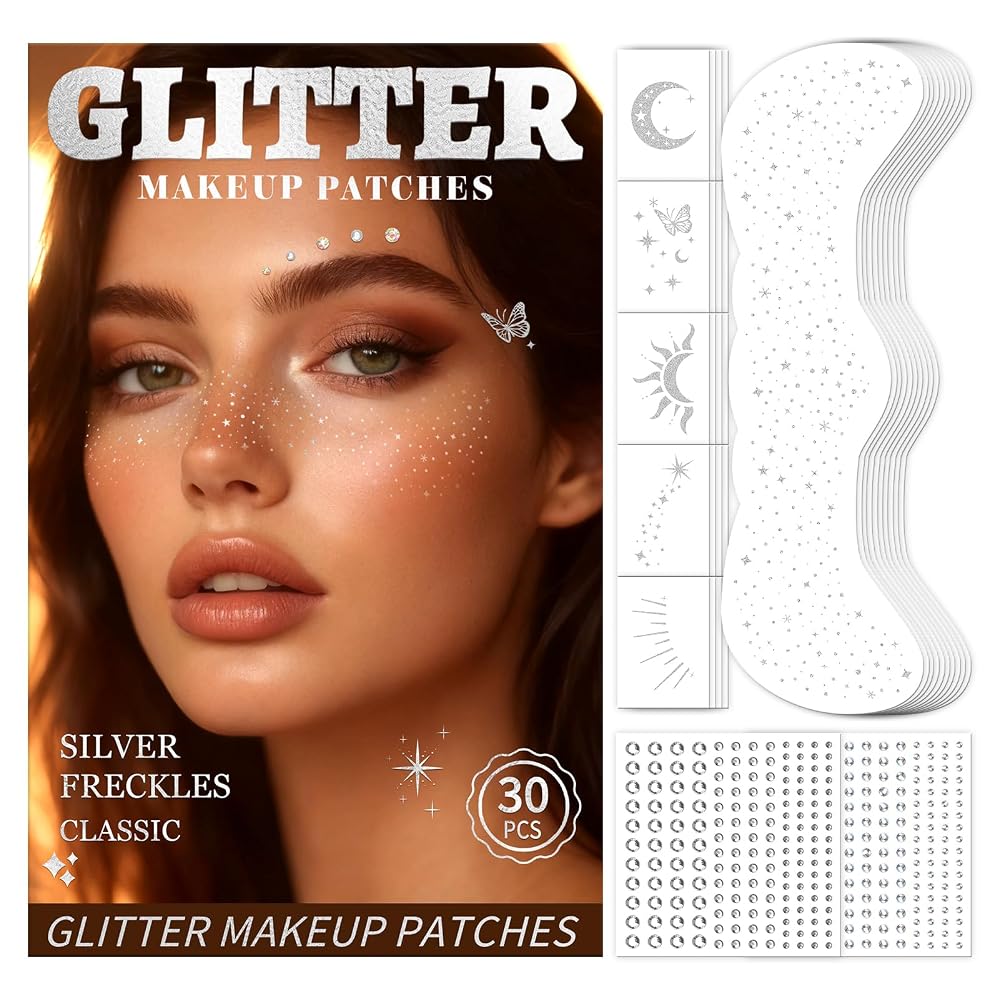 30PCS Glitter Freckles Face Tattoos & Face Gems Set, Classic Silver Style