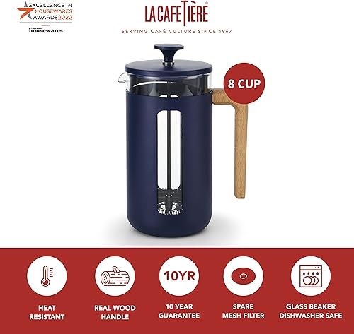 Miniatura 2 de La Cafetière Pisa Cafetière, 8 tazas/1L, vidrio de borosilicato resistente al calor y acero inoxidable con émbolo de fácil agarre, cafetera de