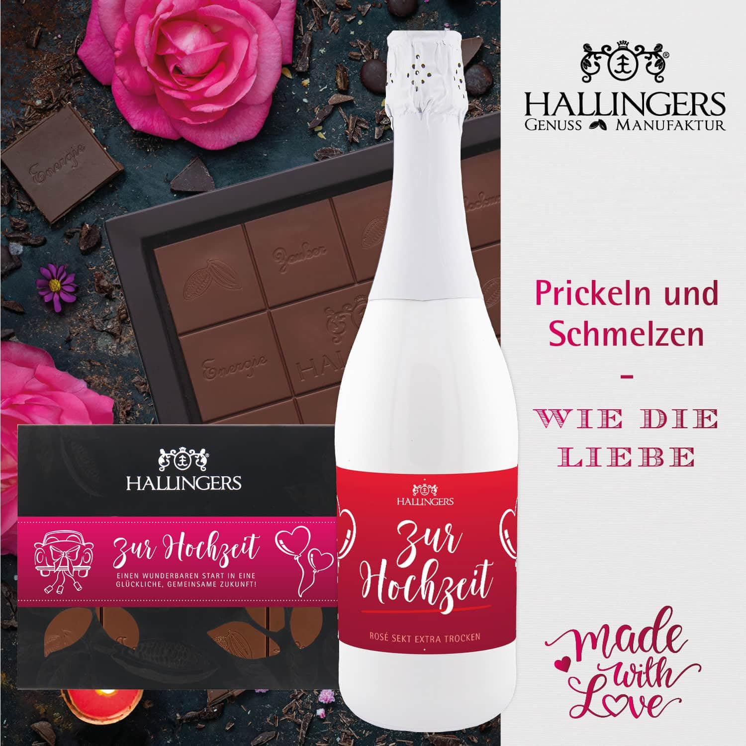 Hallingers Genuss Manufaktur Feinkost Liebes-Geschenk-Set - XXL-Geschenkkorb "Zur Hochzeit" großer Hochzeitsgruß Sekt, Nougat, Konfitüre, Tee, Duftkerze, Schoki & mehr, Geschenkidee für Brautpaar
