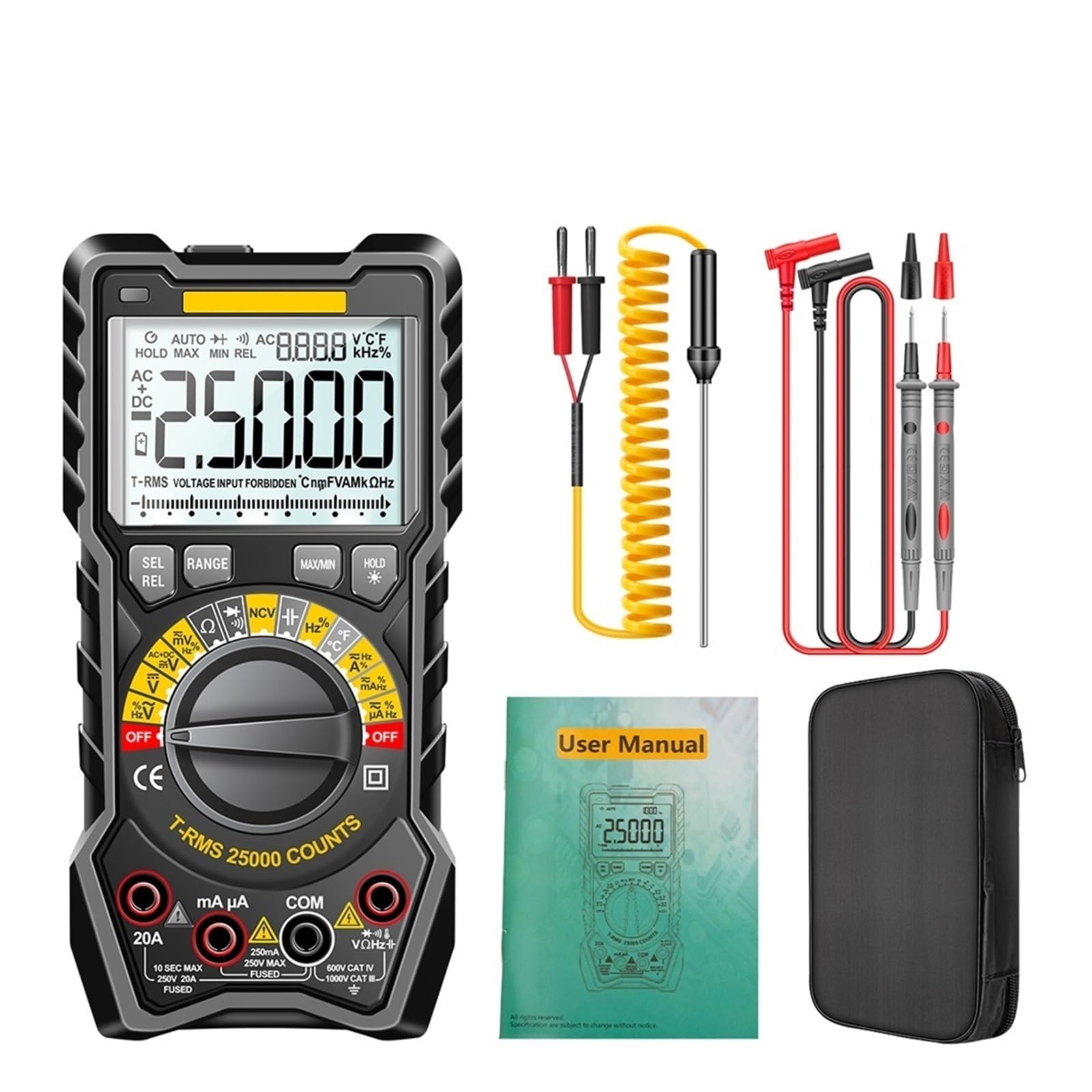 25000 Liczy Multimetr Inteligentny Ręczny Miernik Zasięgu NCV AC DC Ohm Zakres Cyfrowy Multimetro Tester Narzędzia Szybko Dokładnie Łatwy Odczyt(SZ20 Black)