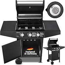 Juskys BBQ Gasgrill Louisiana 3 Brenner 8,1 kW - Gas Grillwagen inkl. Grillrost, Deckel - Grill mit Thermometer, Warmhalterost, Seitenablagen & Plane
