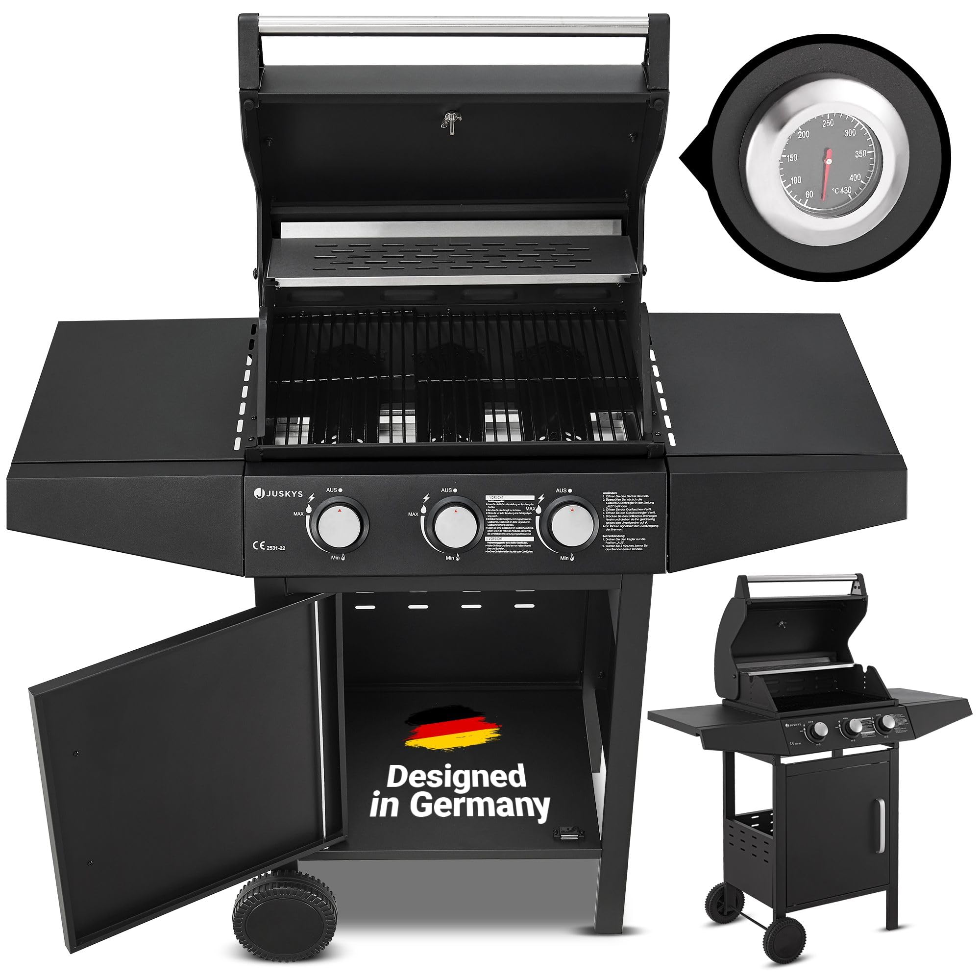 Juskys Gasgrill Louisiana 3 Brenner 8,1 kW – BBQ Grillwagen mit Deckel, Grillrost & Warmhalterost, Grill mit Thermometer, Seitenablagen & Abdeckplane