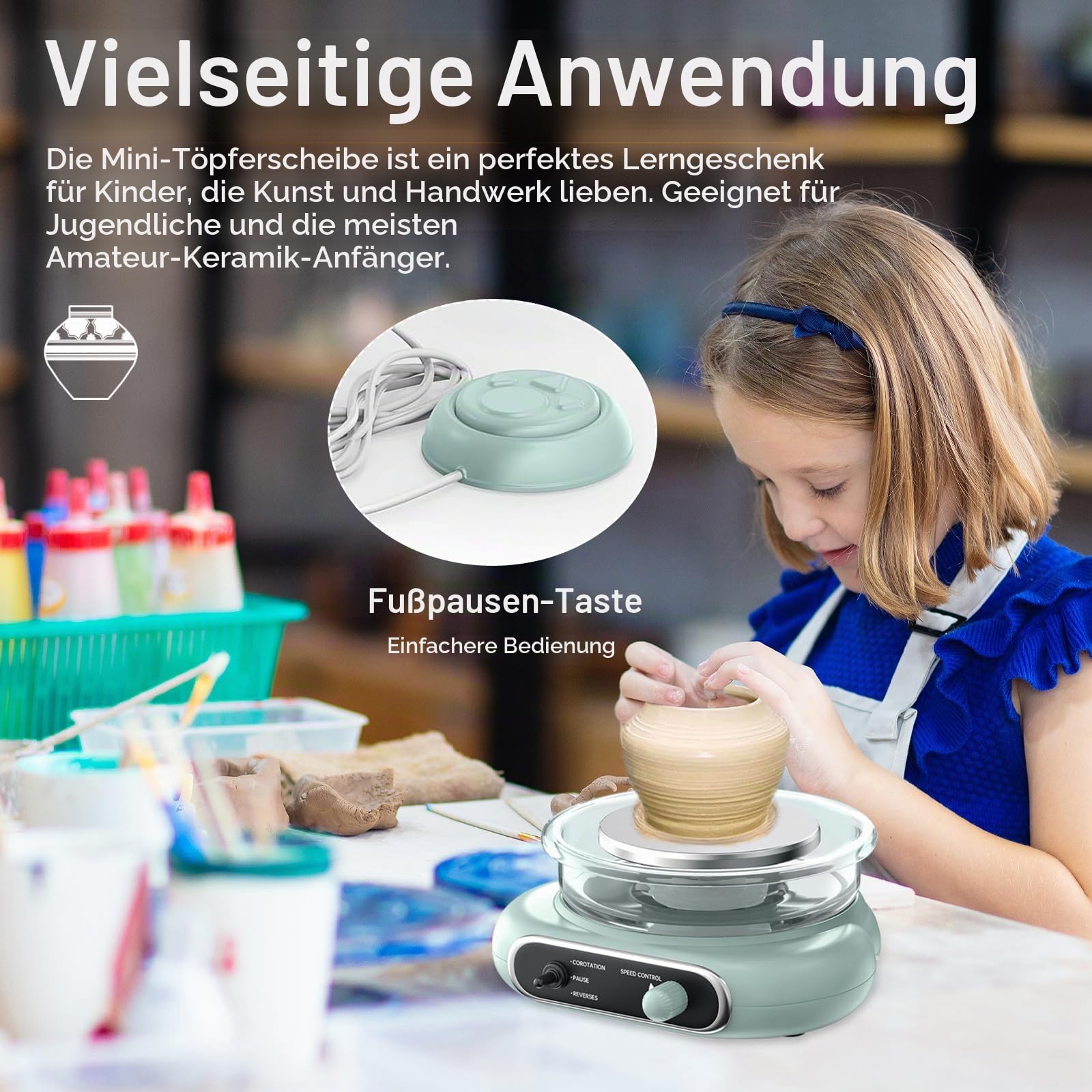 Mini-Töpferscheiben, 4,7 Zoll Töpferscheibe Elektrisch mit Fußpedal, Einstellbare Geschwindigkeit und Vorwärts-/Rückwärtsdrehung, Töpferscheibe für Kinder, Jugendliche und Erwachsene Anfänger