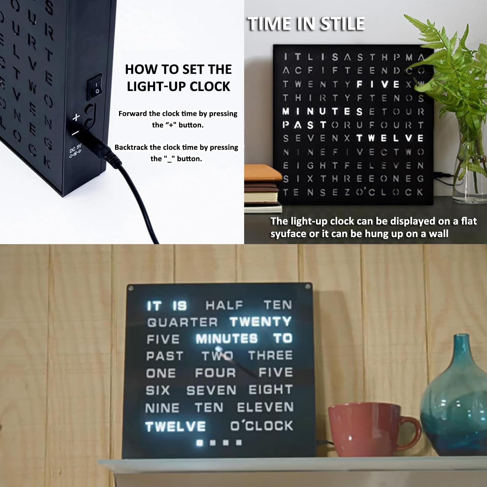 LED Éclairage Électronique Horloge De Mot, 7,75 "Accent Électronique Mur Et Horloge De Bureau, Câble d'alimentation USB, Décor Contemporain De La Maison Et du Bureau, Installation Facile