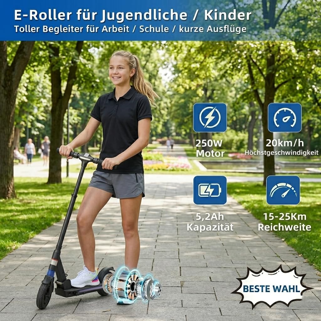 Elektroroller für Kinder 8-16 Jahre, Faltbarer E Scooter mit LED-Anzeige, 250W Motor, Höhenverstellbar, Bis 20 km Reichweite & 20 km/h, Elektro Scooter für Kinder und Jugendliche
