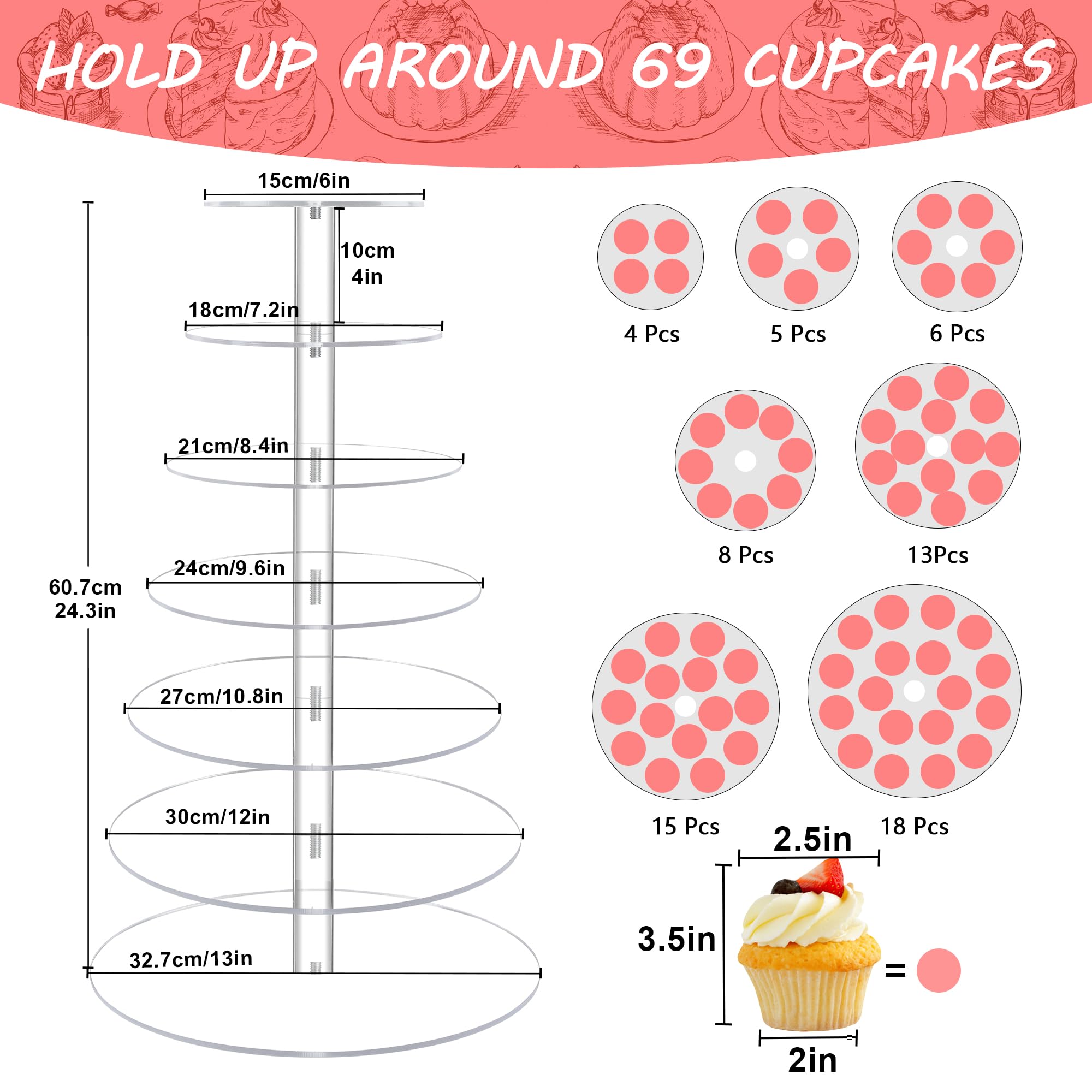 Cupcake-Ständer für 70 Cupcakes, 7 Etagen, Acryl, rund, abgestufter Cupcake-Halter