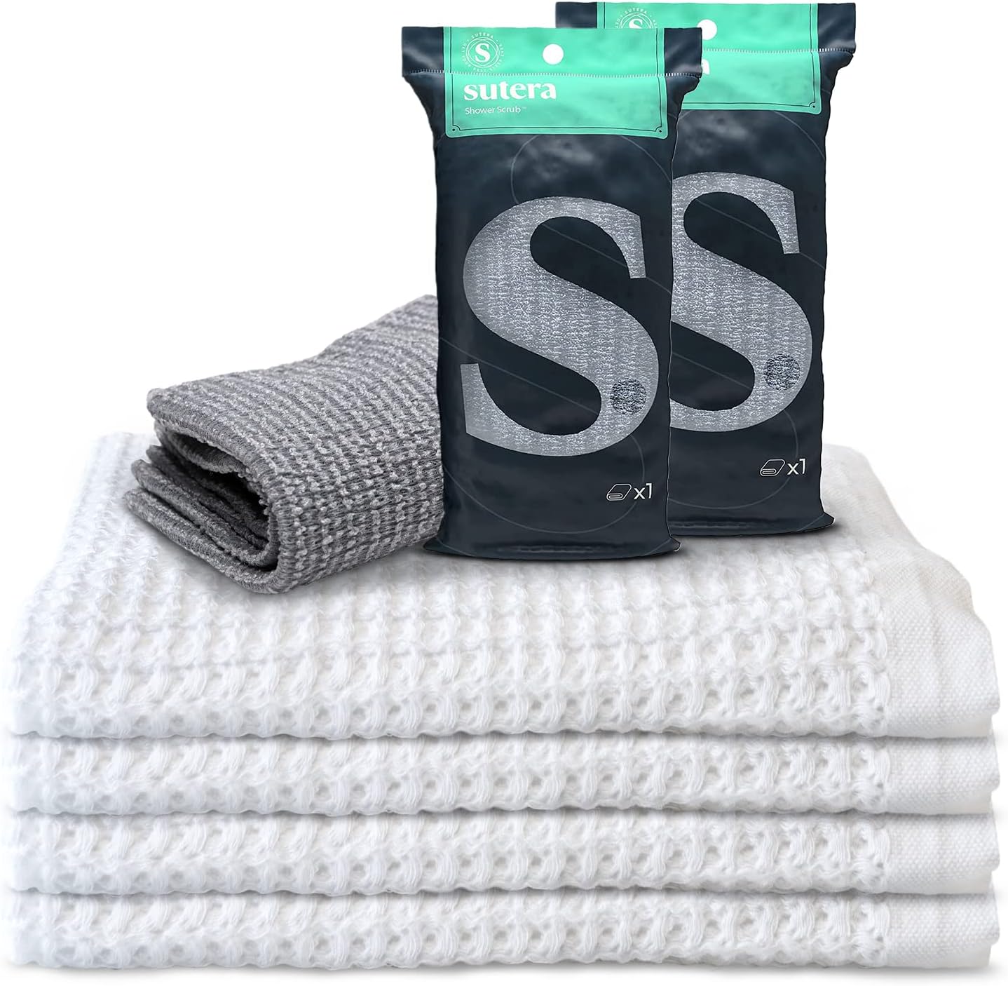 SUTERA Silverthread Towels (White) 4 Bath Towels + Free 1Pc Shower Scrub Home