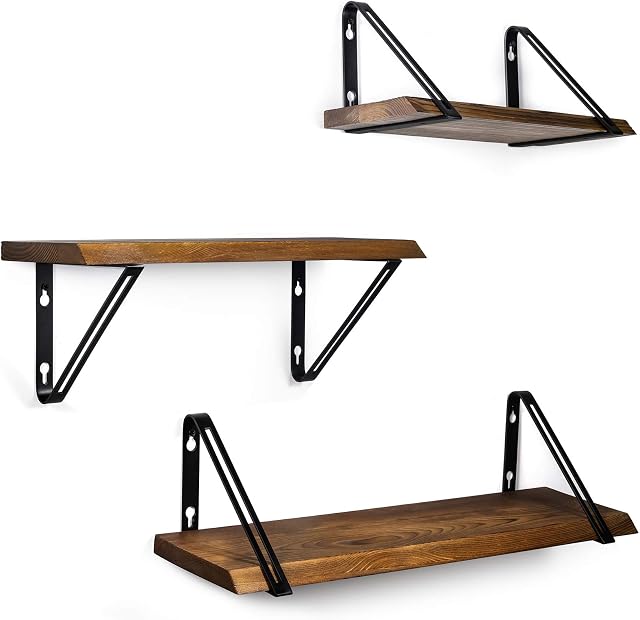 TJ.MOREE Brown Wood Bathroom Shelves Wall Mounted Set of 3, Floating Shelves, Rustic Shelves Farmhouse Decor for Bedroom, Living Room, Kitchen