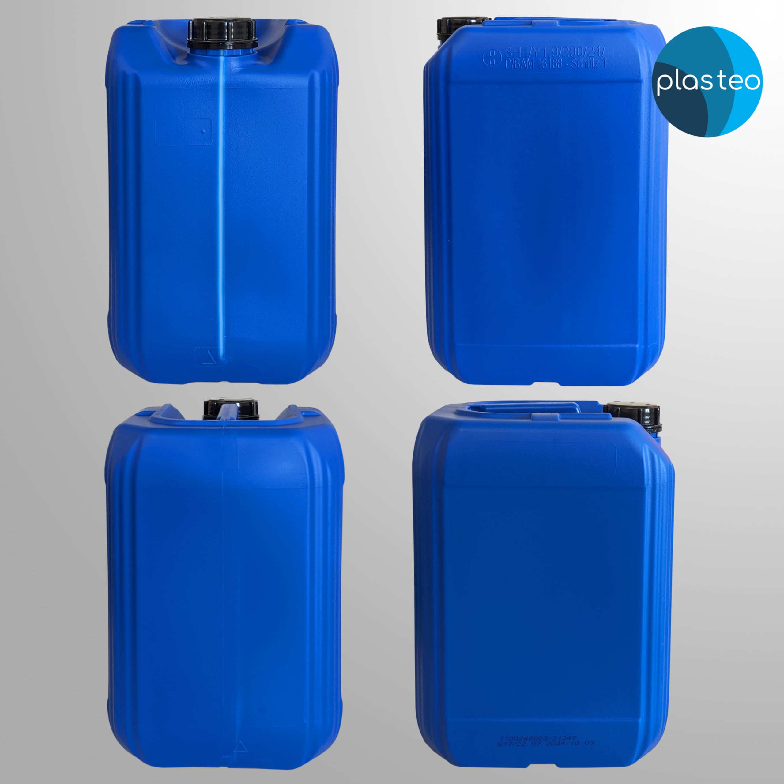 plasteo 25 Liter Getränke Wasserkanister mit 1 Hahn und Schraubdeckeln (DIN 61), Blau