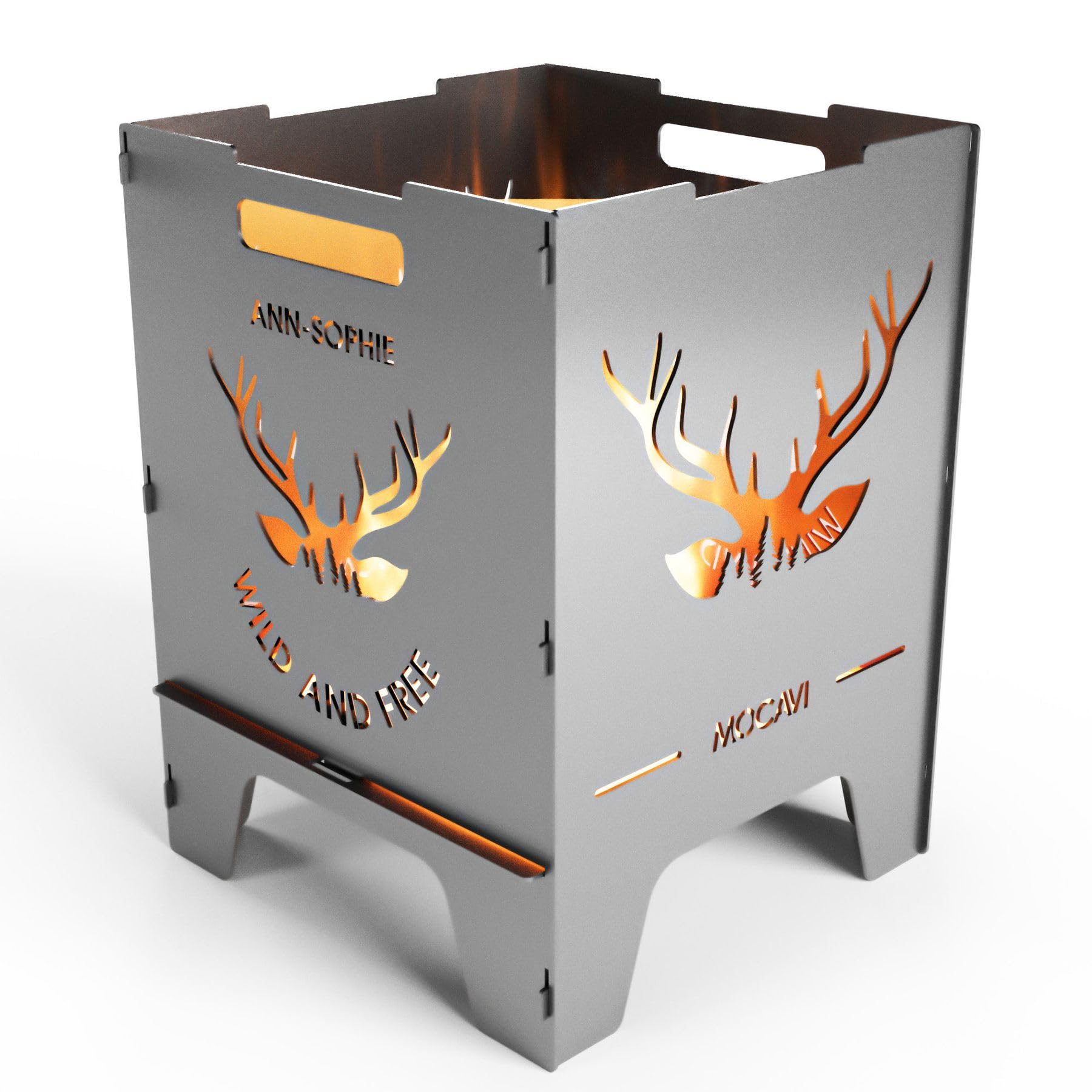MOCAVI Edelstahl Feuerkorb Wild 52 cm | 3 mm V2A personalisiert Design-Feuertonne für Garten, Terrasse und Balkon Feuerschale Feuersäule massiv sicher quadratisch Feuerstelle Outdoor faltbar hitzefest