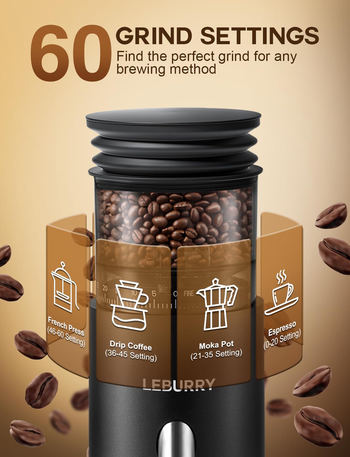 Molinillo de café portátil – Molinillo de café espresso recargable con molino de acero inoxidable con 60 ajustes de molienda ajustables