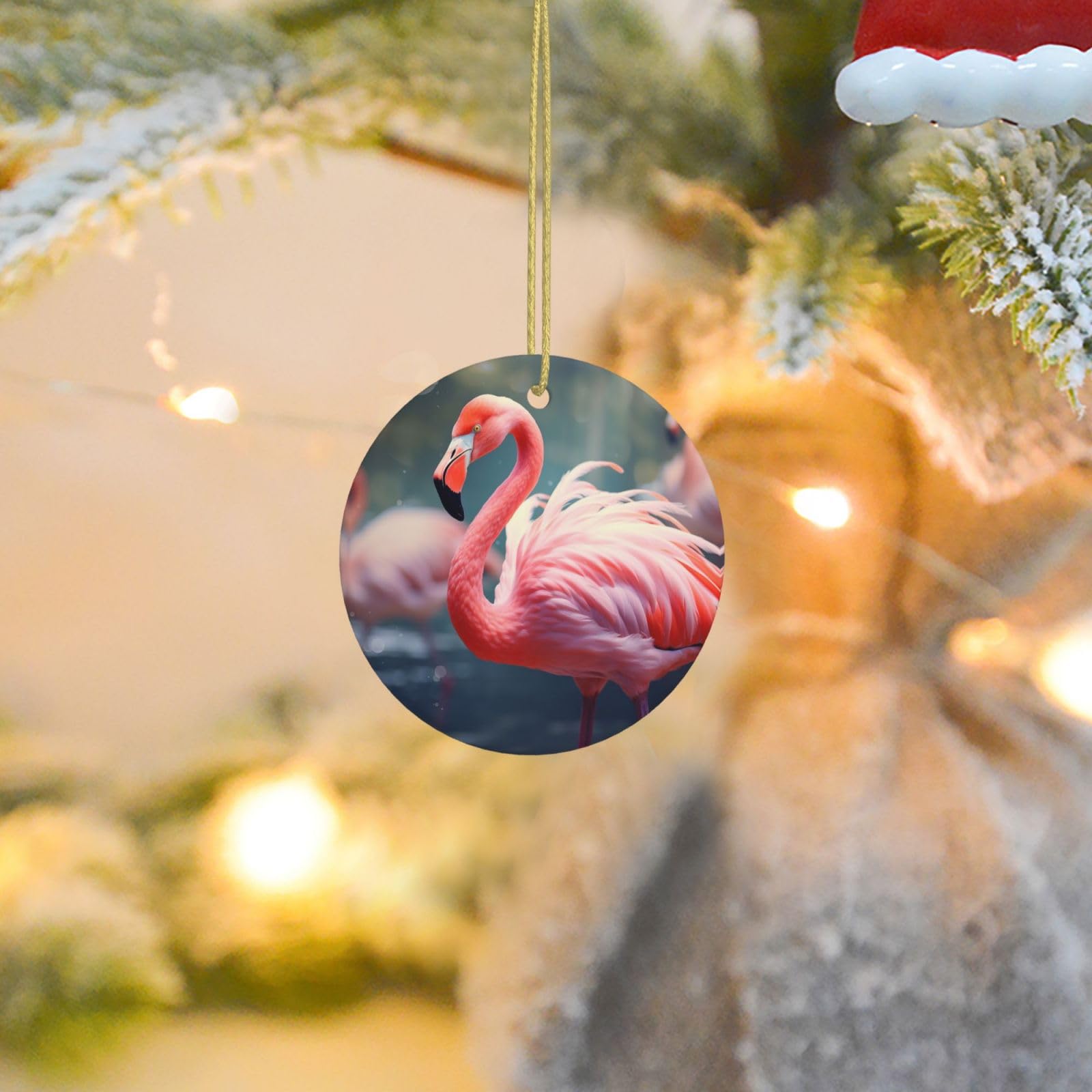 Christmas Tree Ornaments Ceramics Christmas Round Decorations Pink Flamingo Ceramics Ornaments Circle Pentagram Xmas Tree Hanging Pendant for Christmas Tree Party Holiday Home Decor