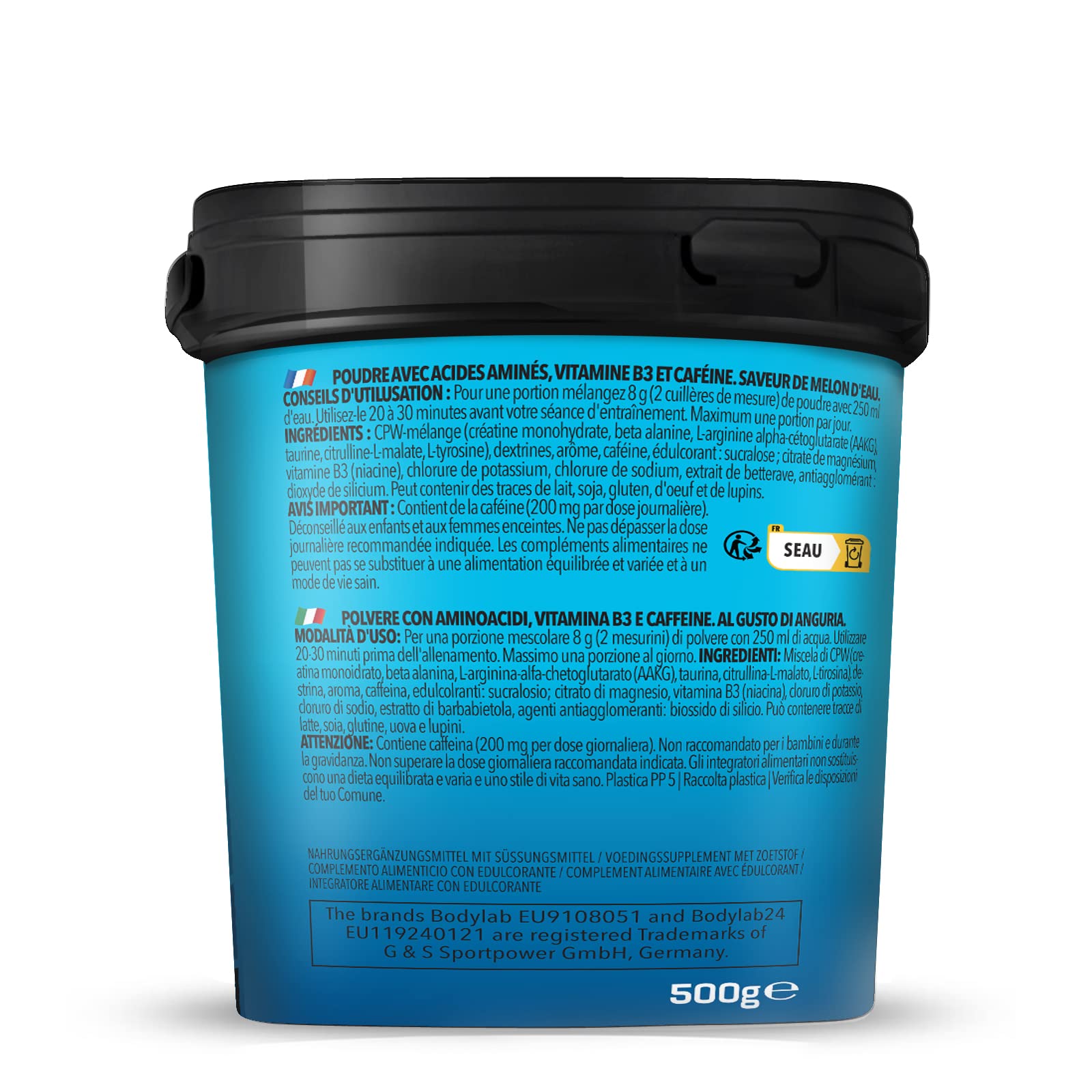 Bodylab24 Concentrated Pre-Workout Booster Anguria 500g, booster di energia con creatina, beta-alanina, arginina, niacina e caffeina, per più potenza ed energia durante gli allenamenti