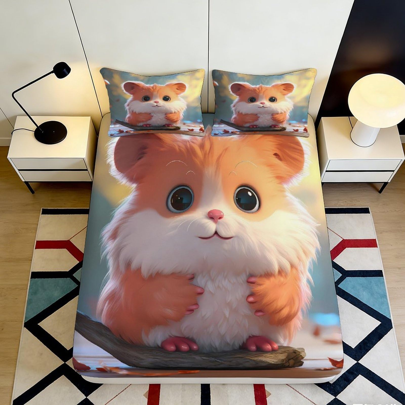 3D Printed Cute Hamster Fitted Sheet Microfiber Deep Pocket Non-Slip Bedroom Bedding Hamster Mattress Fitted Cover for Adults Teenagers 200x200x25cm 90x200x25cm