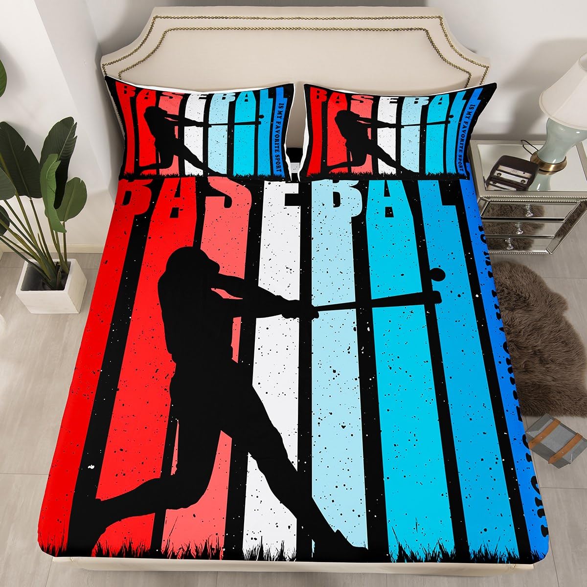Baseball Fitted Sheet Twin 2 Pcs,Men Adults Players Silhouette Bedding Set for Kids Boys Teens Men Room Decor,Ball Game Lover Bed Sheets (No Top Sheet), Deep Pocket Sheett,1 Pillowcase
