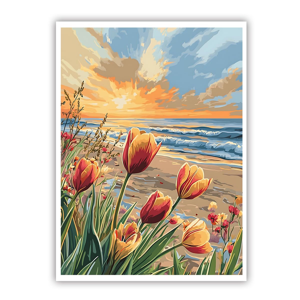 CHERHERART Beach Floral Poster Artwork Canvas Wall Art for Bedroom Coastal Sunset Tulips Canvas Wall Decor Seascape Ocean Waves Pictures Prints 60x80cm Frameless