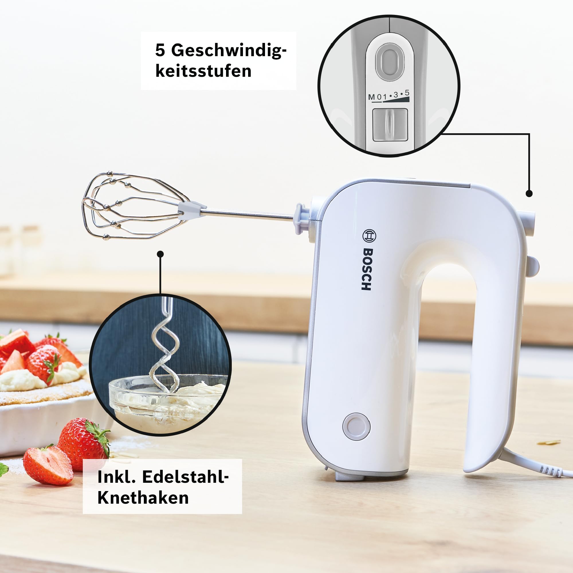 Bosch Handrührgerät, 2 Rührbesen, 2 Edelstahl-Knethaken, spülmaschinenfest, Zerkleinerer, Pürierstab, Mixbecher, 5 Stufen, Turbostufe, leicht, 500 W, weiß/silber, MFQ4080