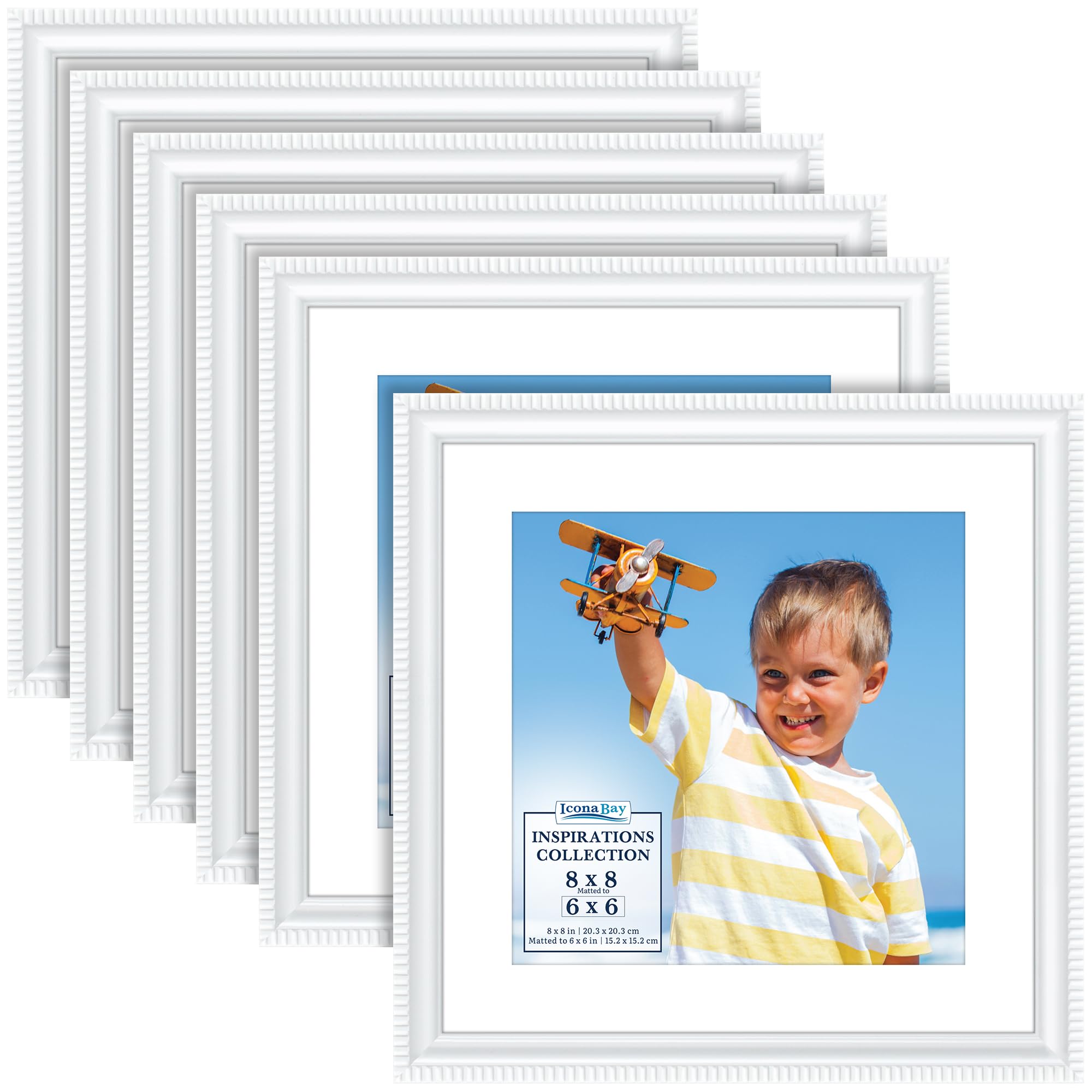 Icona Bay - 8x8 Picture Frames with Removable Mat for 6x6 Photos - White, 6 Pack - Beautifully Detailed Molding - Contemporary Picture Frames - Wall Mount or Table Top - Inspirations Collection