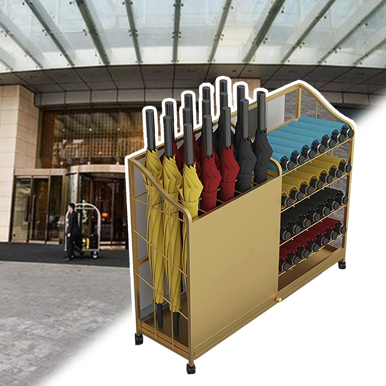 BHFPFZA Wheel Enhanced Umbrella Storage Holder for Office and Hotel Entrance Commercial Grade Umbrella Rack Stand with Ample Capacity and Easy Access Gold 108cm