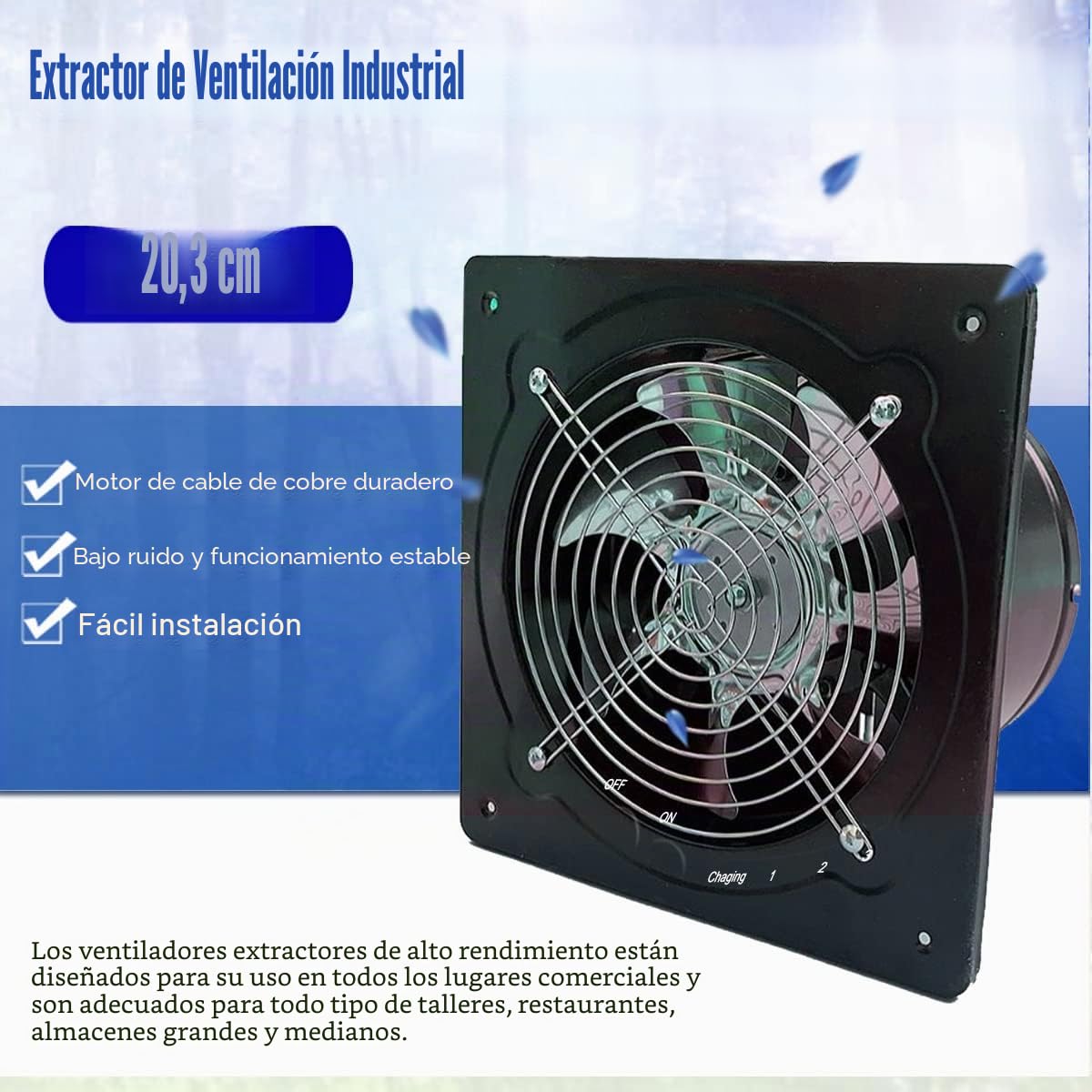 Ventilador axial de 80 W, 1250 m³/h, ventilador extractor de 200 mm, ventilador de metal industrial, para cocina y baño, para techo y pared, tamaño de placa: 250 x 250 mm