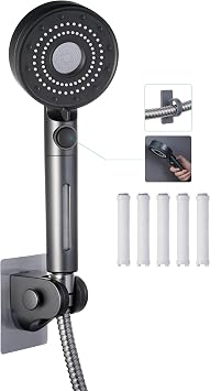 Handheld Filter RV Shower Head with ON OFF Switch | 5 Mode High Pressure Spray,for RV,Camper,Bathroom,Stainless Steel Shower Hose,No Drilling Wall Mount Adhesive Shower Holder