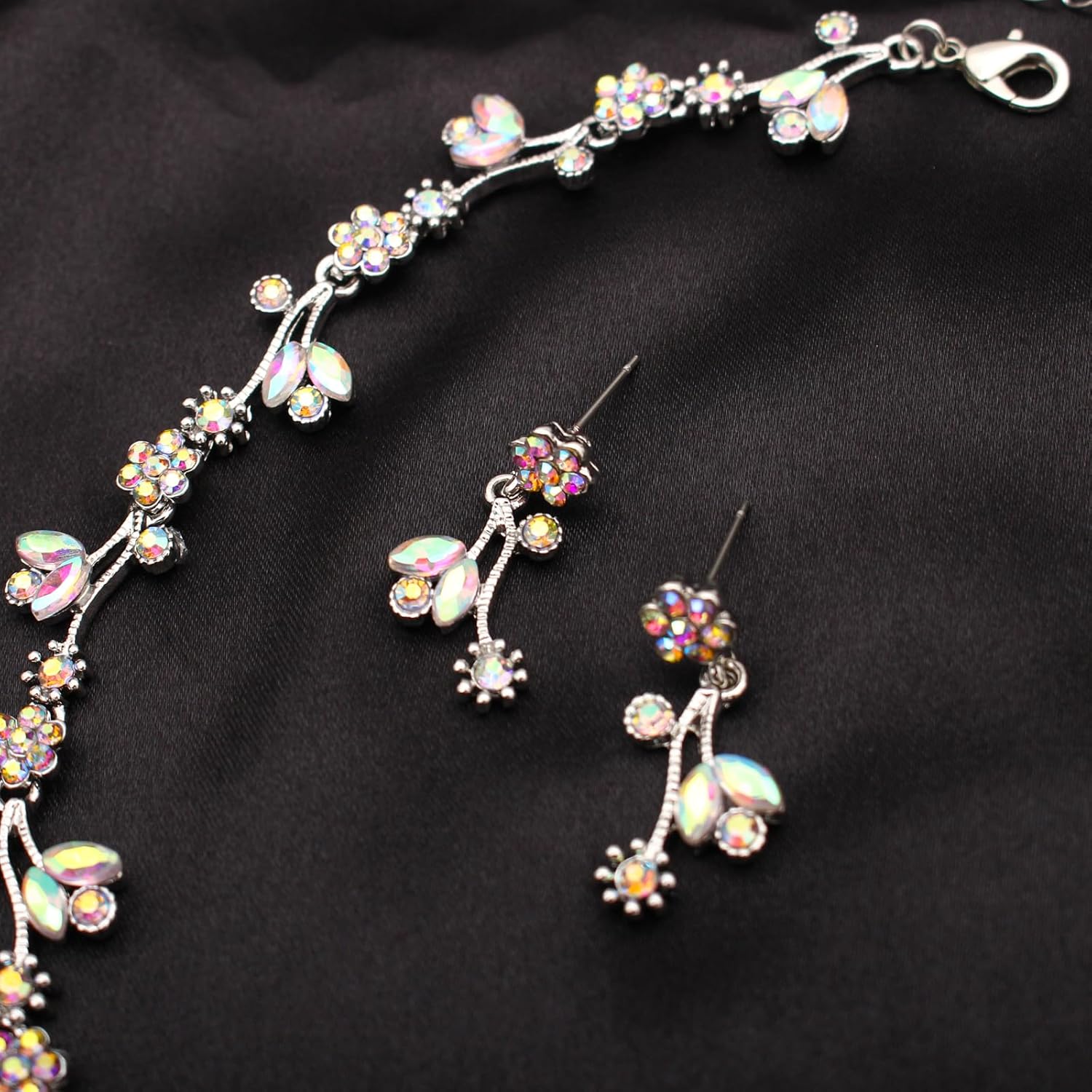 SFE Elegant Brides Austrian Crystal Flower Choker Necklace Drop Dangle Earring Bracelet Wedding Jewelry Set for Bridesmaid Prom Costume Jewelry Set for Women - Image 4