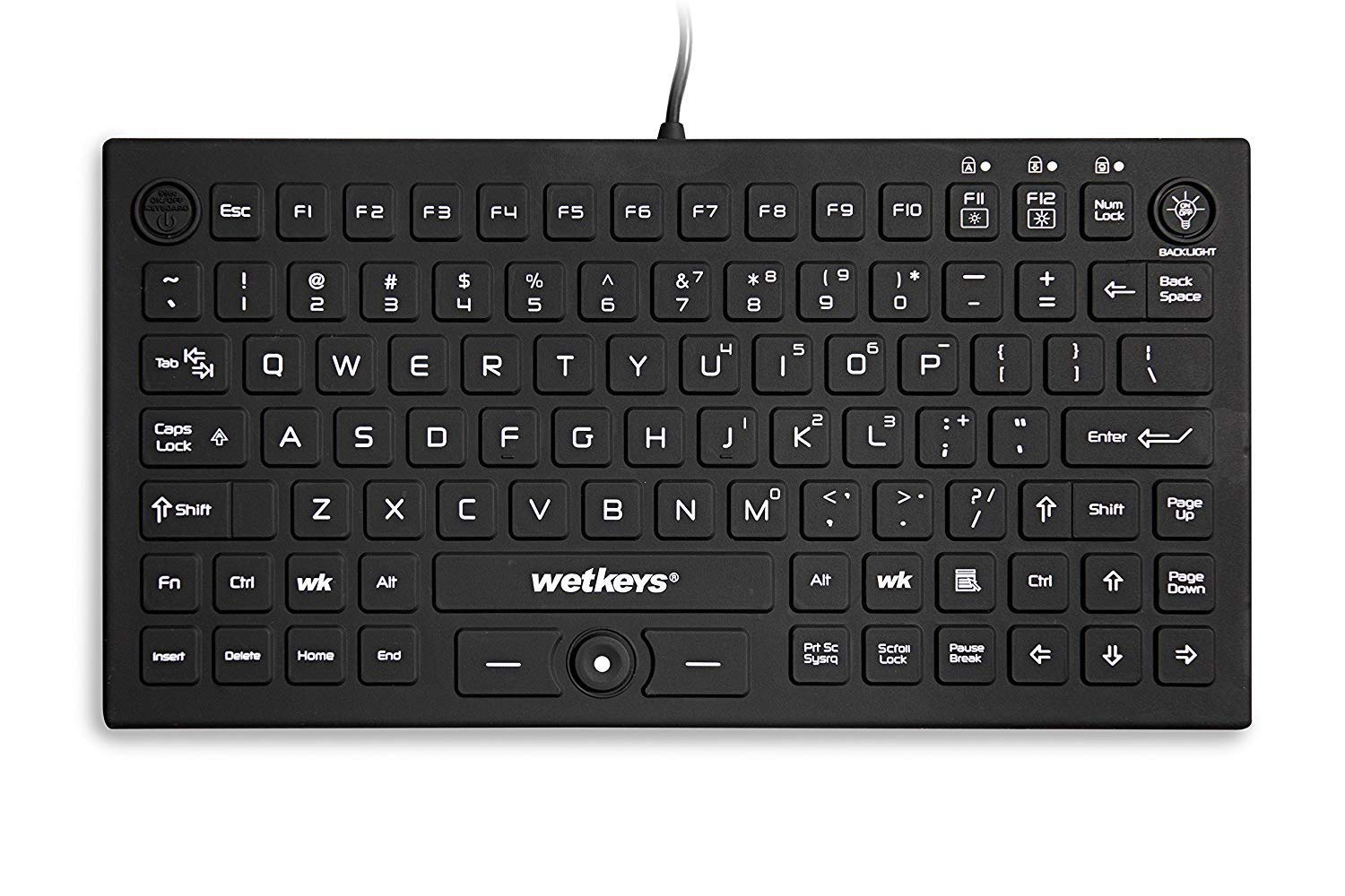 WetKeys Professional-Grade Mid-Size Rigid Silicone Washable Keyboard with Pointing-Device, Backlight and ON-Off Switch (USB) (Black) | KBWKRC89PB-BK