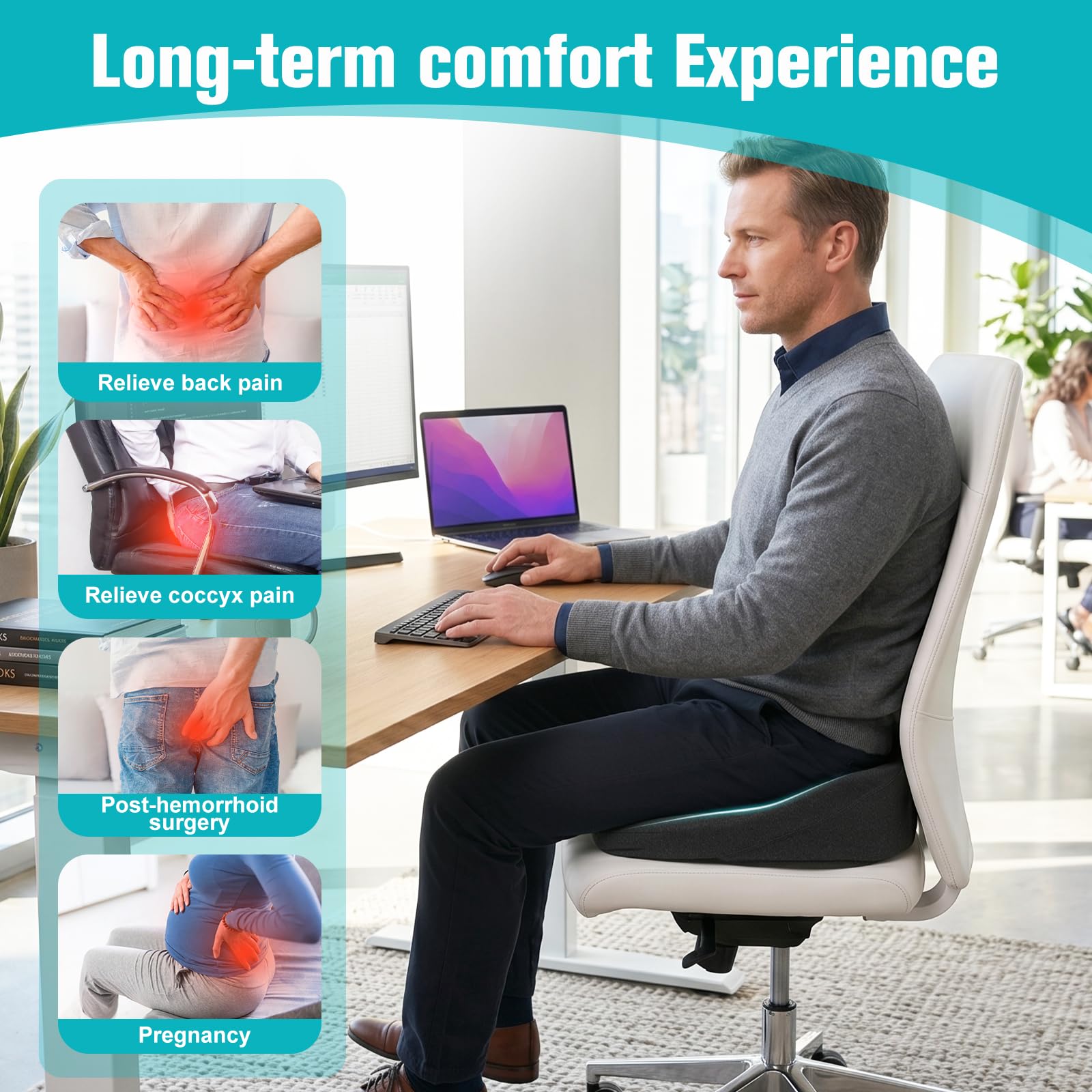 KIENG Cuscino da seduta in memory foam, per coccige, per alleviare la sciatica, il dolore all'anca e al coccige, per sedie da ufficio, sedie a rotelle, auto, con base antiscivolo per sedersi a lungo